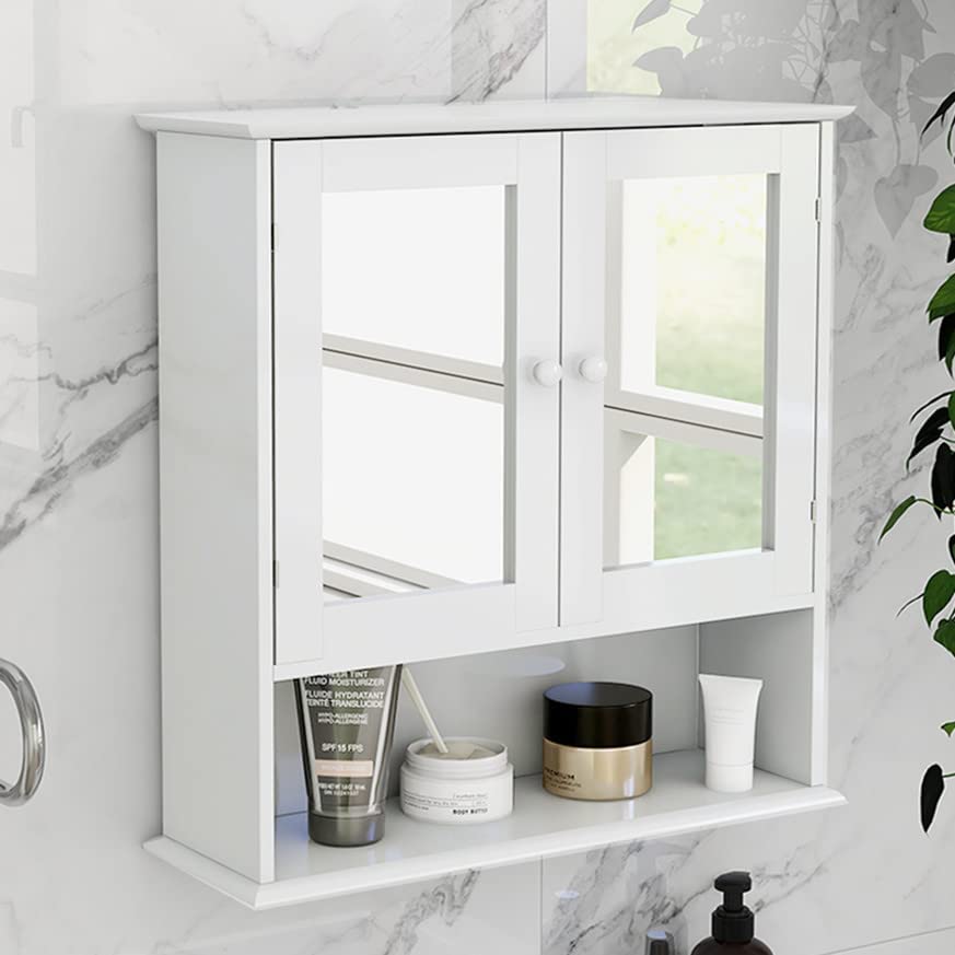 White Wall Mounted Bathroom Cabinet with Mirror Doors - Adjustable Shelf Medicine Storage Cabinet, Over Toilet Hanging Organizer - Perfect for Small Bathrooms, Apartments & Vanity Storage