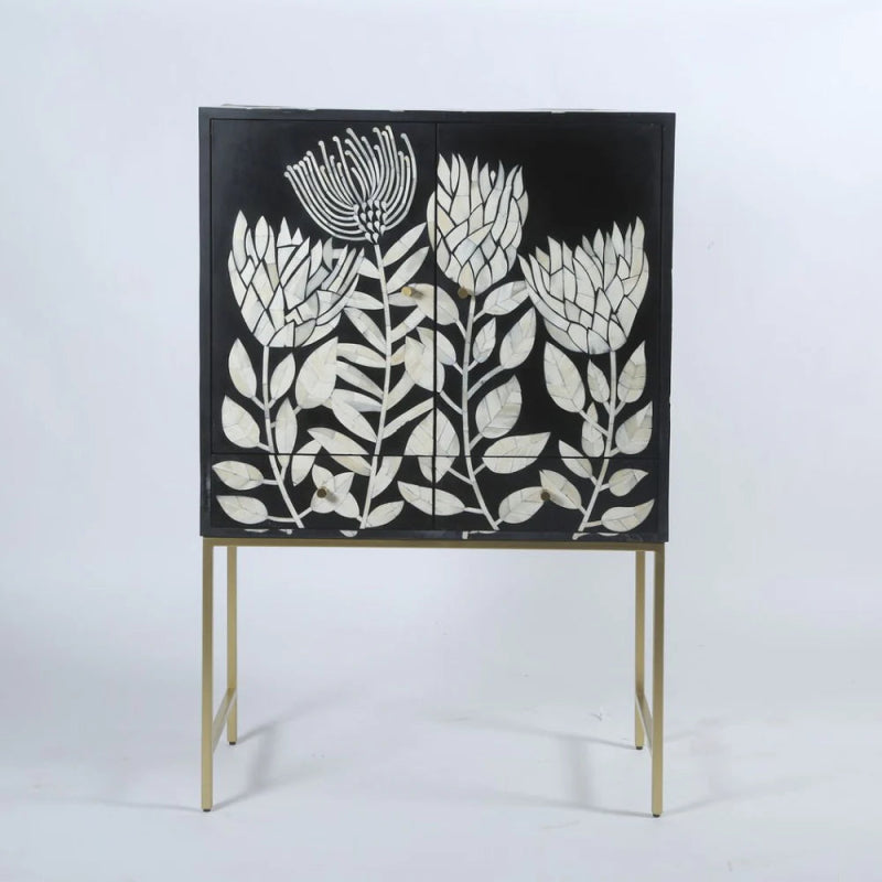 Handmade Bone Inlay Black Tulip Design Cabinet with 2 Drawers - Vintage Storage Furniture for Bedroom, Living Room & Office Organization