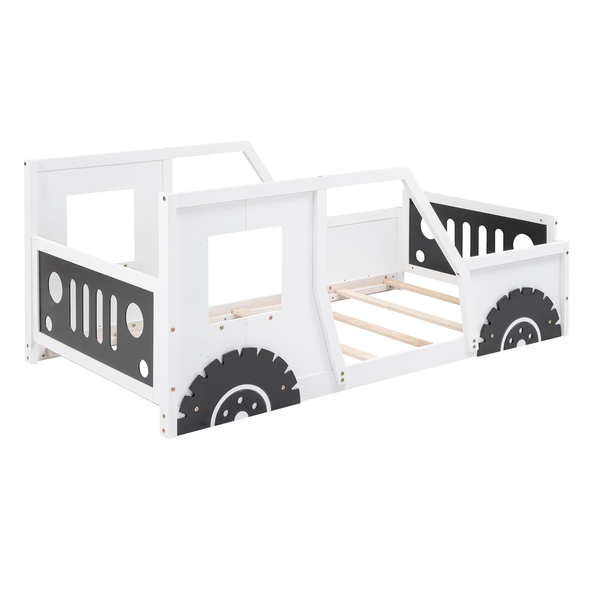 **MERITLINE Twin Size Kids Floor Car Bed - Wooden Platform Bed Frame with Doors, Wheels & Slat Support - No Box Spring Needed - Perfect for Boys & Girls Bedrooms, Playrooms & Themed Kids Rooms - White**