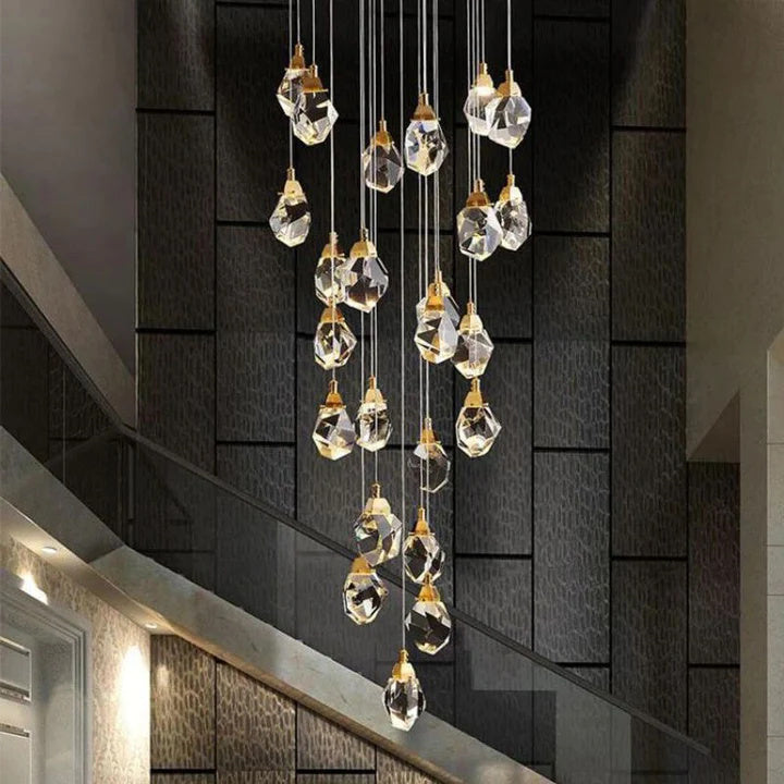 Elegant Prism Crystal Staircase Chandelier - Modern Luxury Lighting Fixture for Grand Foyers, Stairwells & High-End Home Decor