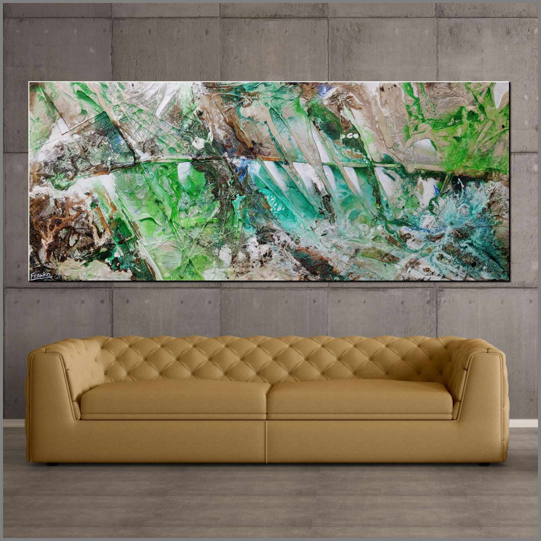 240cm x 100cm Lime Green & Cinnamon Brown Abstract Textured Canvas Painting - Modern Wall Art for Living Room, Bedroom or Office Decor