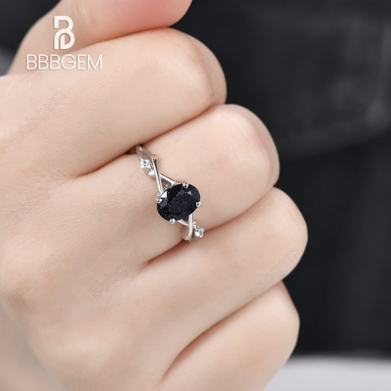 925 Sterling Silver White Gold Plated Oval Natural Blue Sandstone Twisted Vine Solitaire Engagement Ring for Women - Perfect for Proposals, Weddings & Anniversary Gifts