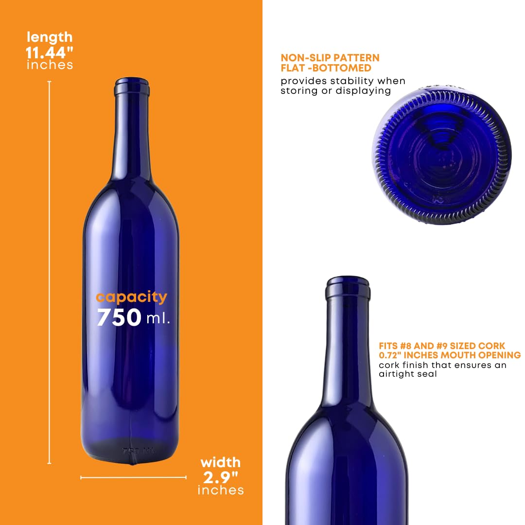 Premium 750ml Blue Bordeaux Wine Bottles (Pack of 6) - Flint Flat-Bottomed Glass Bottles for Home Winemaking, Storage & Gifts - Ideal for DIY Wine Kits, Vinegar Brewing & Decorative Display