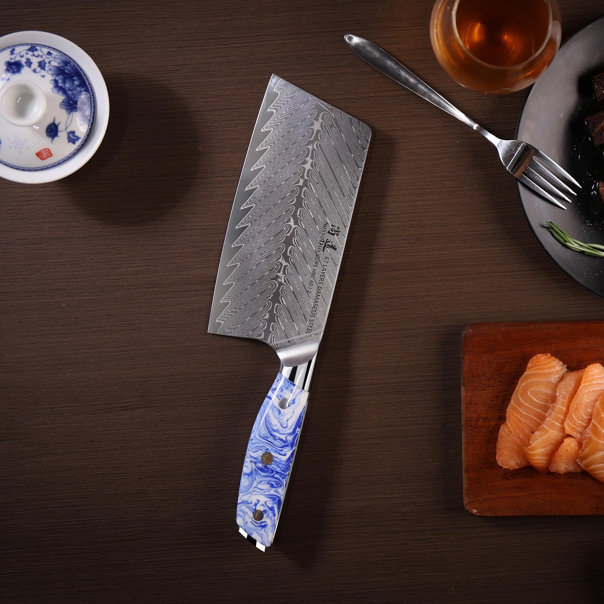 7 Inch Chinese Chef Knife - Professional Damascus Steel Cleaver for Chopping Vegetables & Meat - Forged Blue & White Resin Handle with Full Tang - Perfect for Home Kitchen, Restaurant & Butcher Use - HUA Series