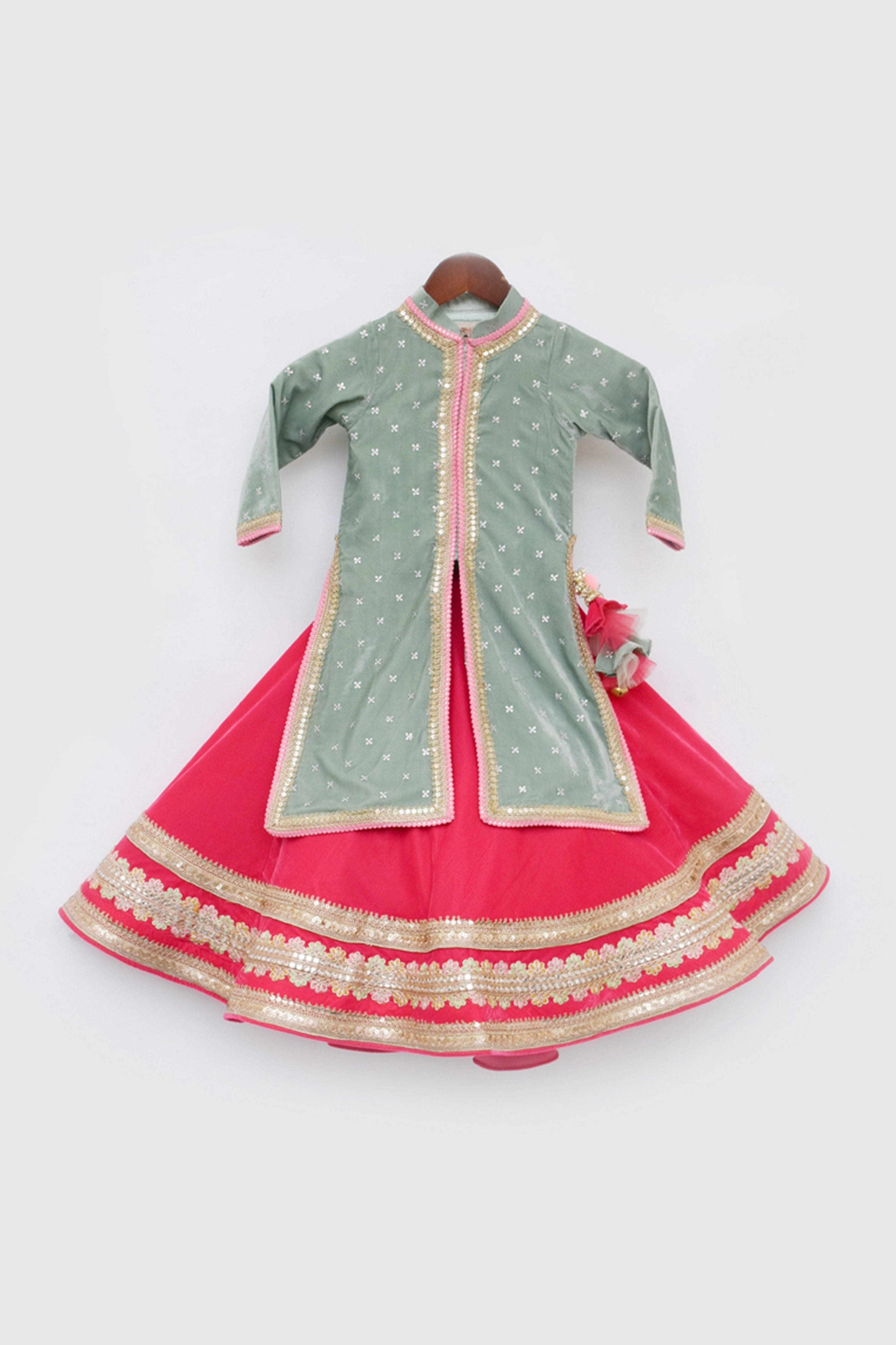 Pre Order: Elegant Green Embroidered Long Jacket with Lehenga Set - Perfect for Weddings, Parties & Special Occasions