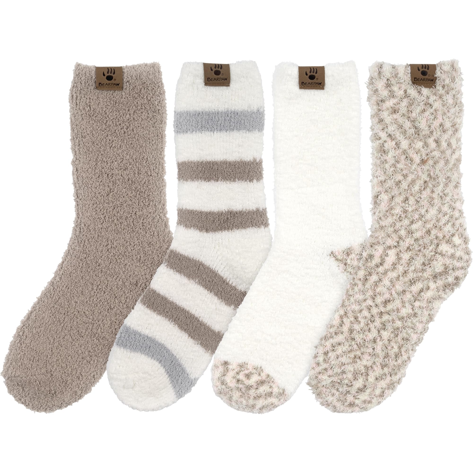 BEARPAW 4-Pack Cozy Super Soft Lounge Socks - Warm Fuzzy Crew Socks for Women & Men - Multi-Pattern Non-Slip House Socks for Winter, Home, Office & Travel Comfort