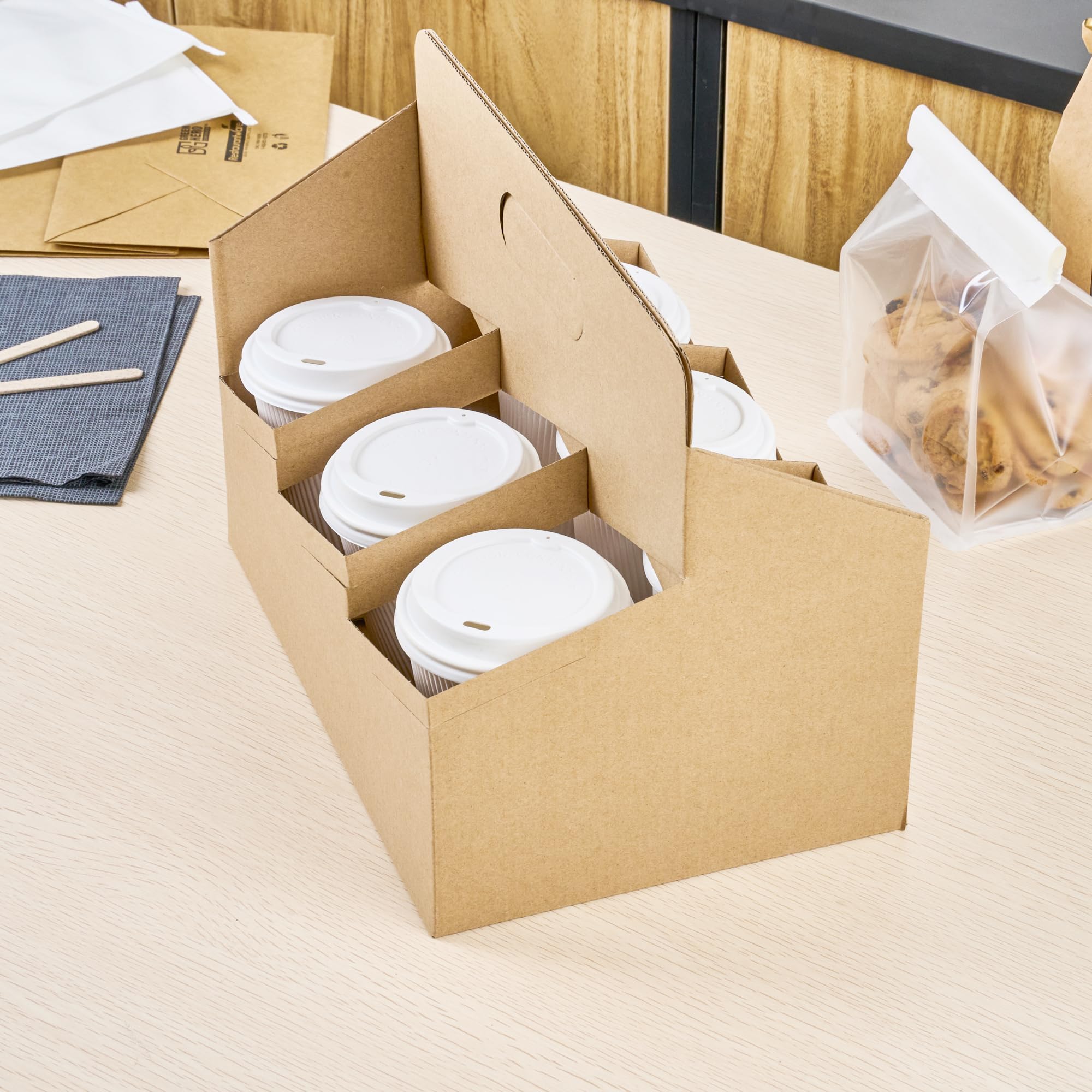 Restaurantware Altalena 100-Pack Disposable Drink Carriers with Handles - Kraft Paper Cup Holders for 6 Beverages | Perfect for Coffee Delivery, Takeout, and Catering Services