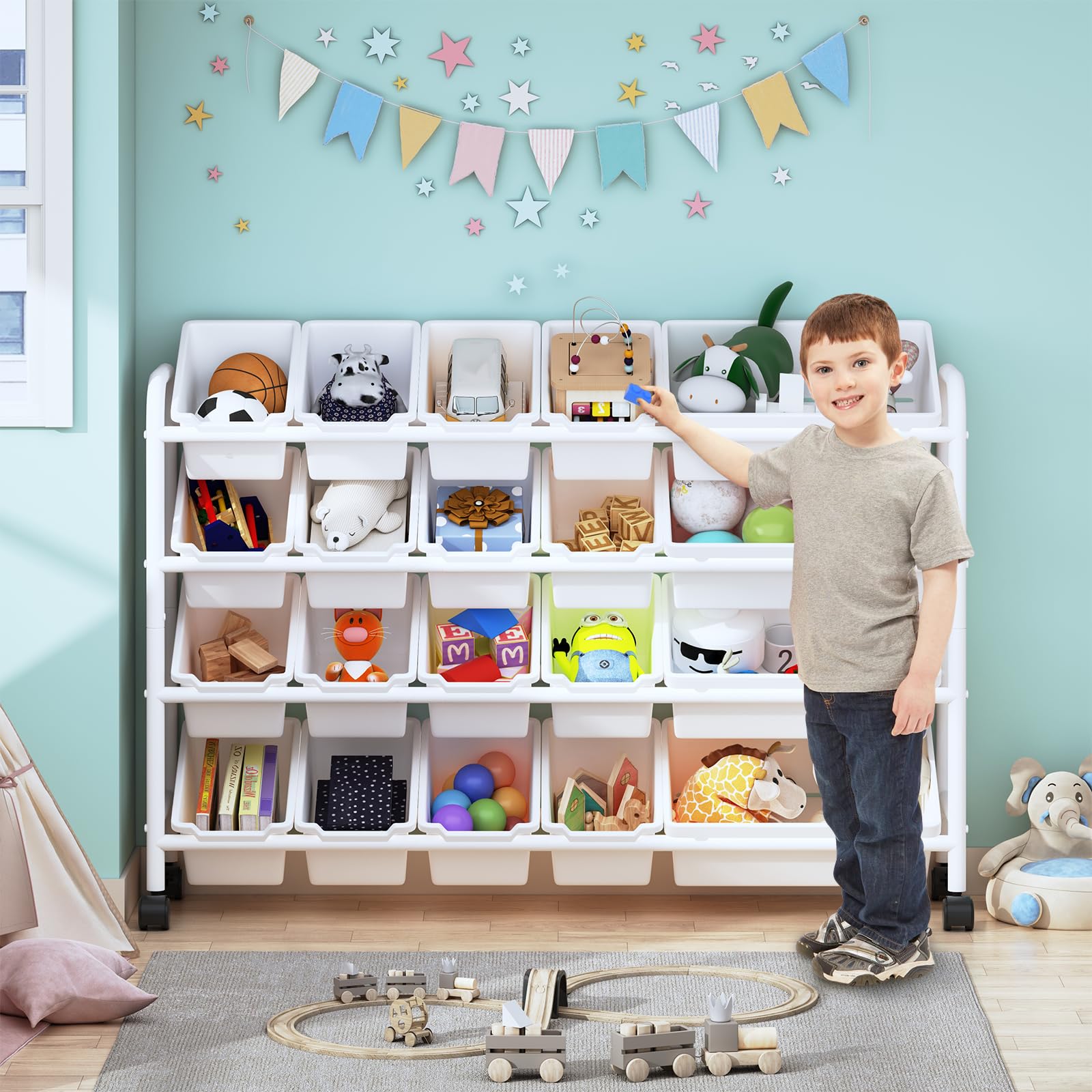 20-Bin Kids Toy Storage Organizer - 4-Tier Metal Toy Shelf with XL Plastic Bins for Playroom, Nursery & Bedroom Organization | Sturdy White Toy Rack for Easy Kids Room Storage (JSSNJ1-1_XM) - Perfect for Organizing Legos, Stuffed Animals & Art Supplies
