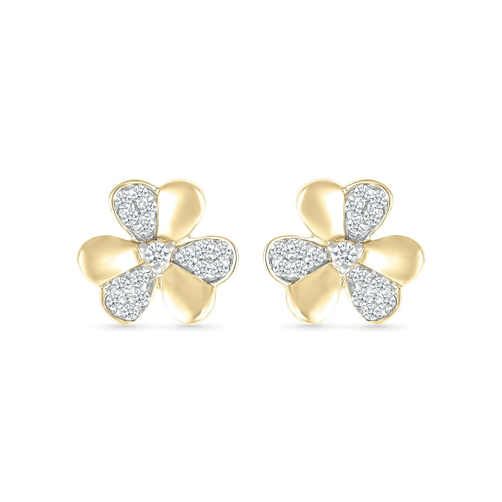 10k Yellow Gold Diamond Lucky Three Leaf Clover Stud Earrings - Perfect for St. Patrick's Day, Irish-Themed Parties & Everyday Elegant Jewelry