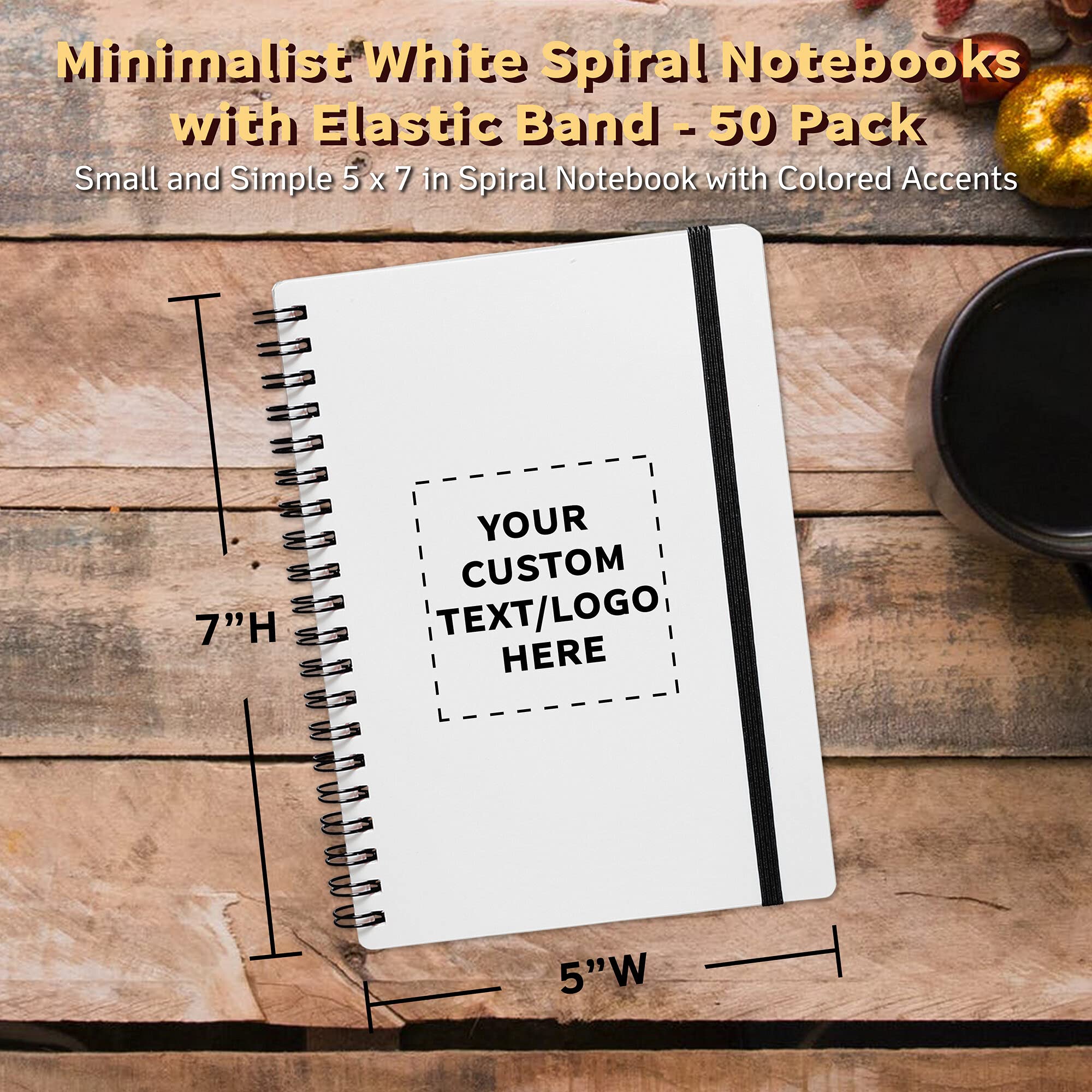50-Pack White Spiral Notebooks with Elastic Band - Customizable Text & Logo - 80 Lined Pages, Recycled Paper - Black Cover - Perfect for Office, School & Gifts