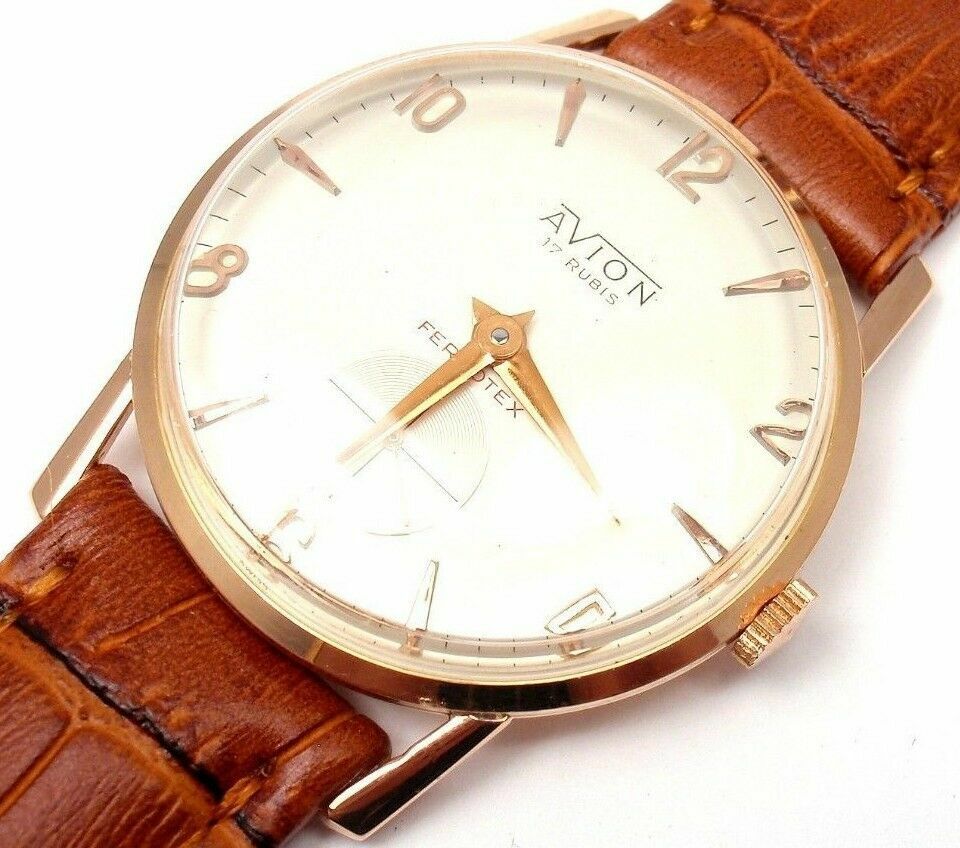 Authentic Ferrotex Avion 18k Yellow Gold Manual Wind 17 Jewel Watch - Luxury Vintage Timepiece for Men, Perfect for Formal Events & Business Occasions