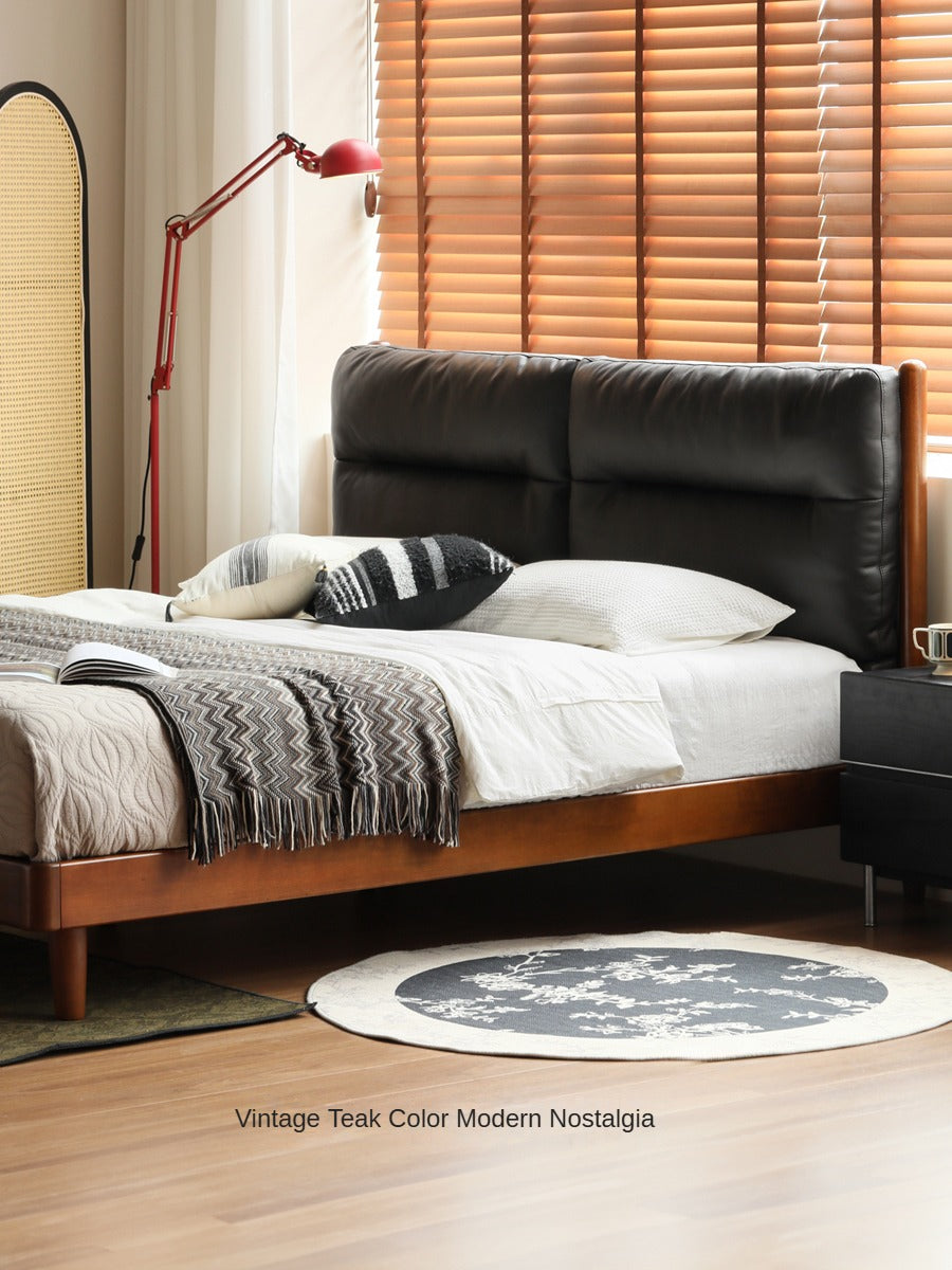 Solid Poplar Wood Bed Frame - Queen Size Retro Platform Bed with Soft Upholstered Headboard - Perfect for Master Bedroom, Guest Room, and Cozy Farmhouse Decor