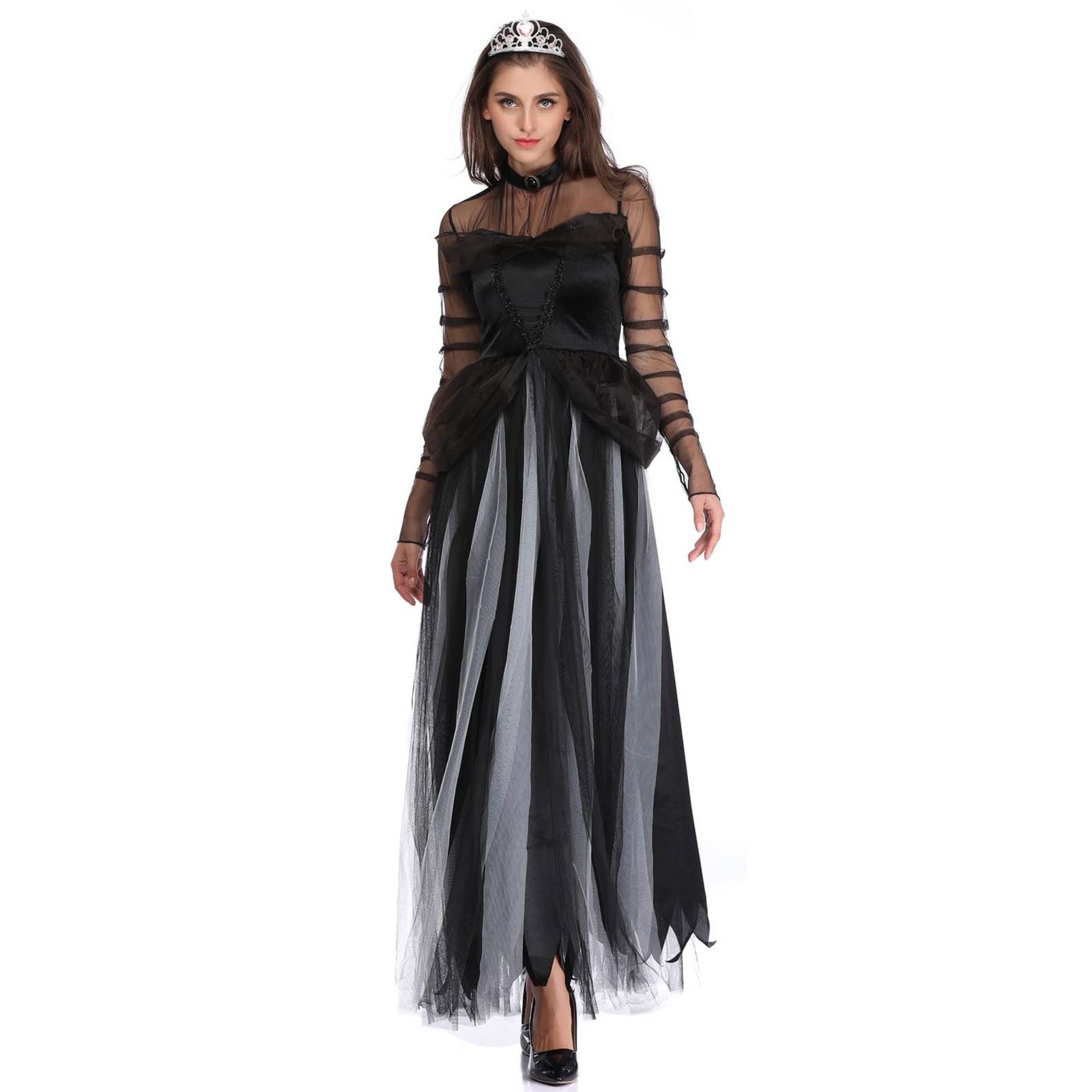 Women's Halloween Cosplay Maid Uniform Dress - Long Sleeve Round Neck Mesh Patchwork Costume with Hairpin (Black) | Perfect for Halloween Parties, Cosplay Events & Themed Gatherings