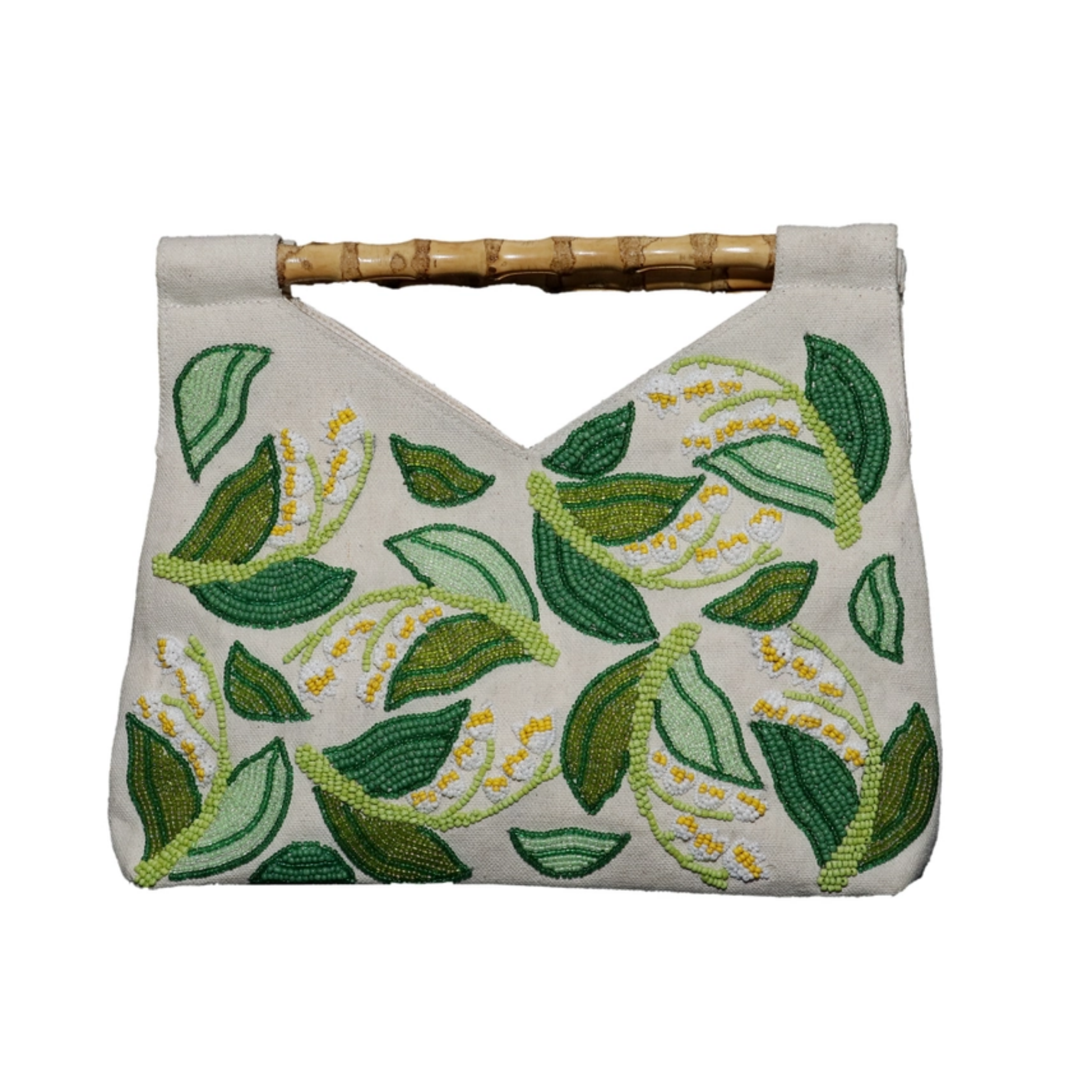Elegant Beaded Lily of The Valley Clutch Purse with Bamboo Handle - Perfect for Weddings, Parties & Evening Events