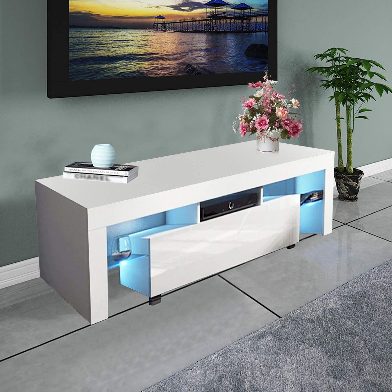 Modern LED TV Stand for 60/65/70 Inch TVs with Color-Changing Lights - Universal Entertainment Center with Clear Glass Shelves - Perfect for Gaming, Movie Nights & Home Decor (White) - Ideal for Living Rooms, Bedrooms & Home Theaters