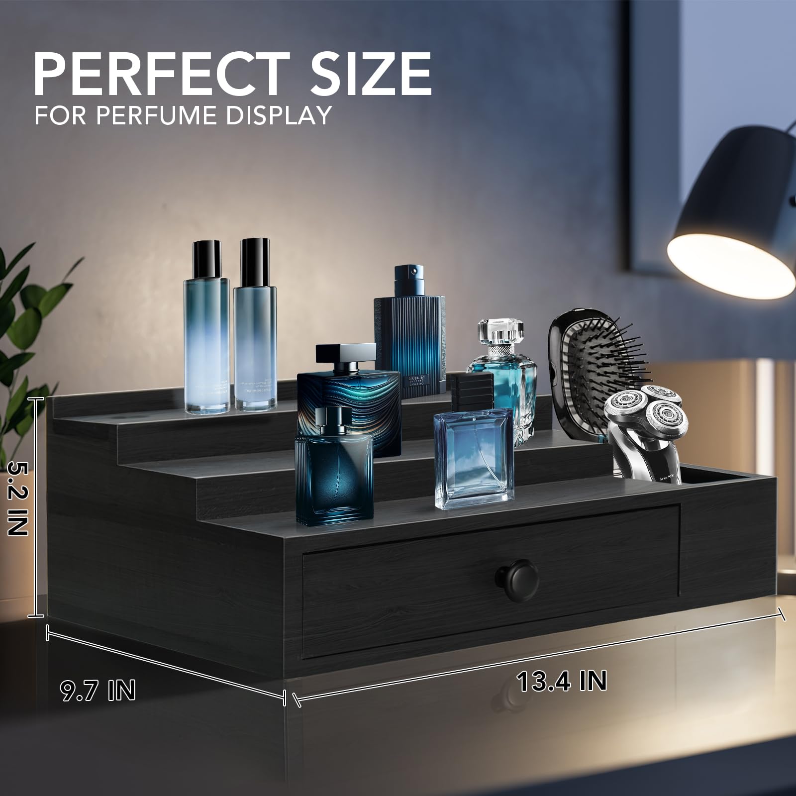 3-Tier Cologne Stand Organizer for Men - Velvet Lined Drawer & Compartments for Watch, Jewelry & Perfume Display | Perfect Gift for Father | Bathroom Countertop & Dresser Organizer for Fragrance Collection