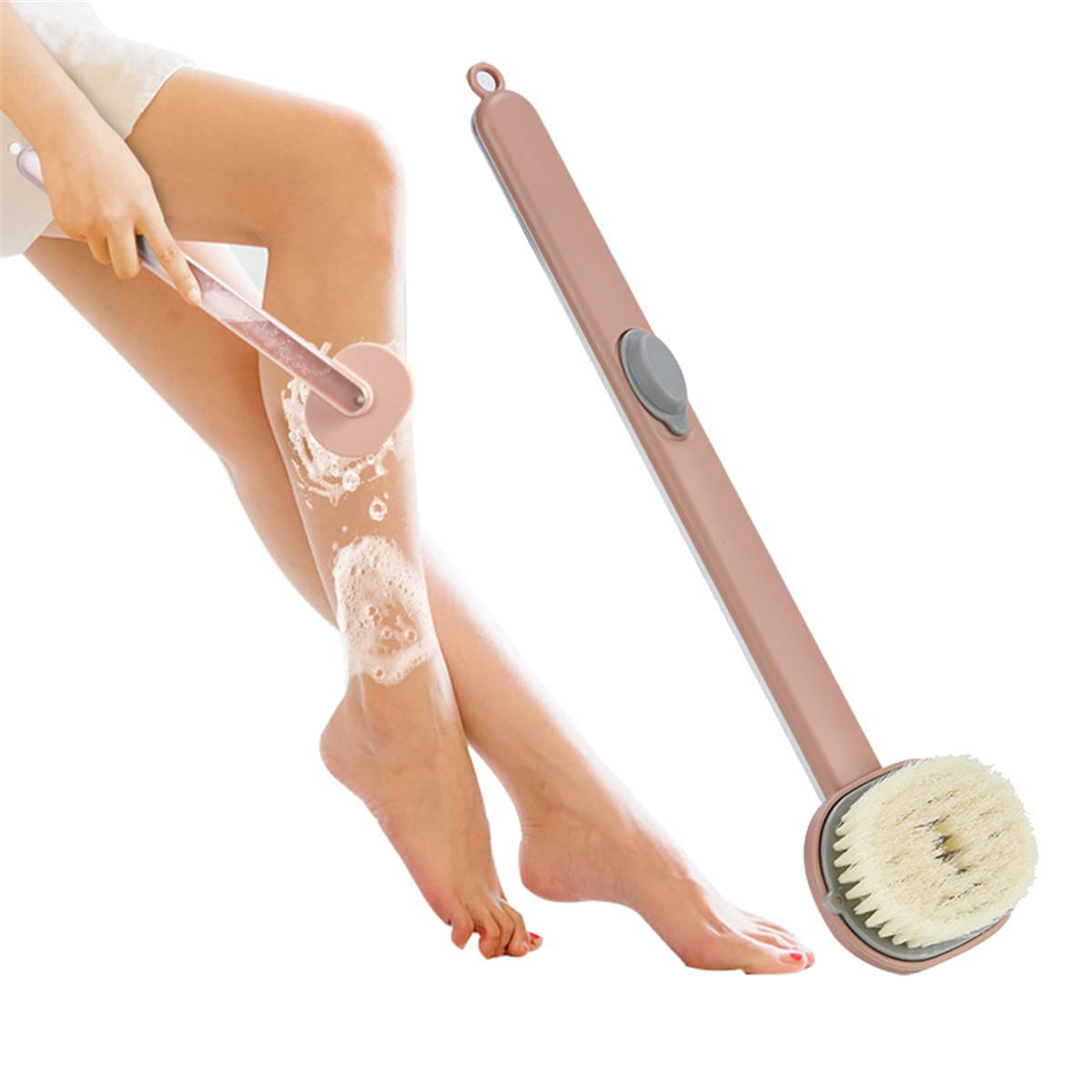 Long Handle Liquid Bath Brush with Detachable Back Scrubber - Natural Bristles Exfoliating Body Brush for Shower & Bath (Pink) | Perfect for Deep Cleansing, Exfoliation & Hard-to-Reach Areas