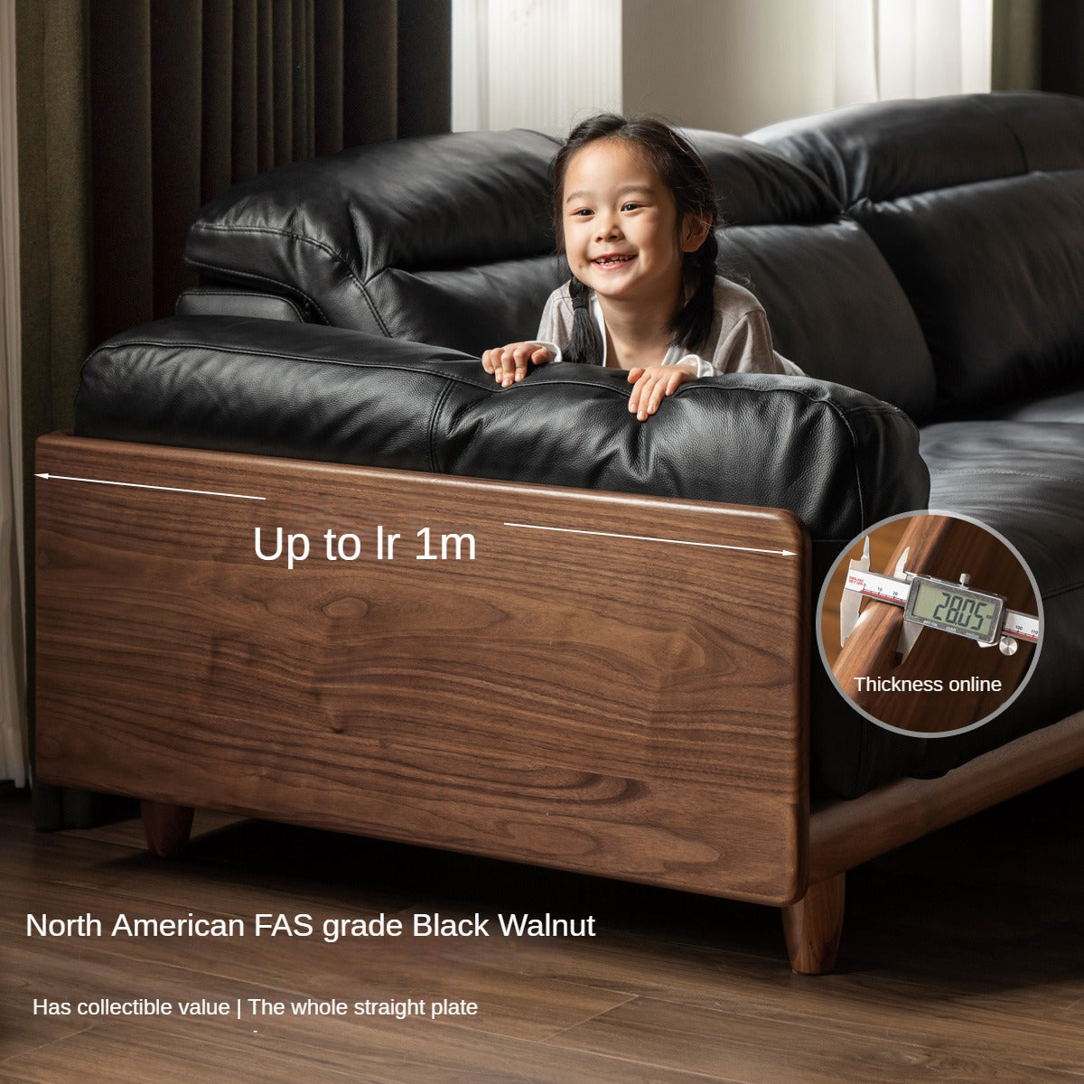 Premium Black Walnut Solid Wood Leather Sofa - Italian Modern Luxury Living Room Furniture for Home & Office Decor