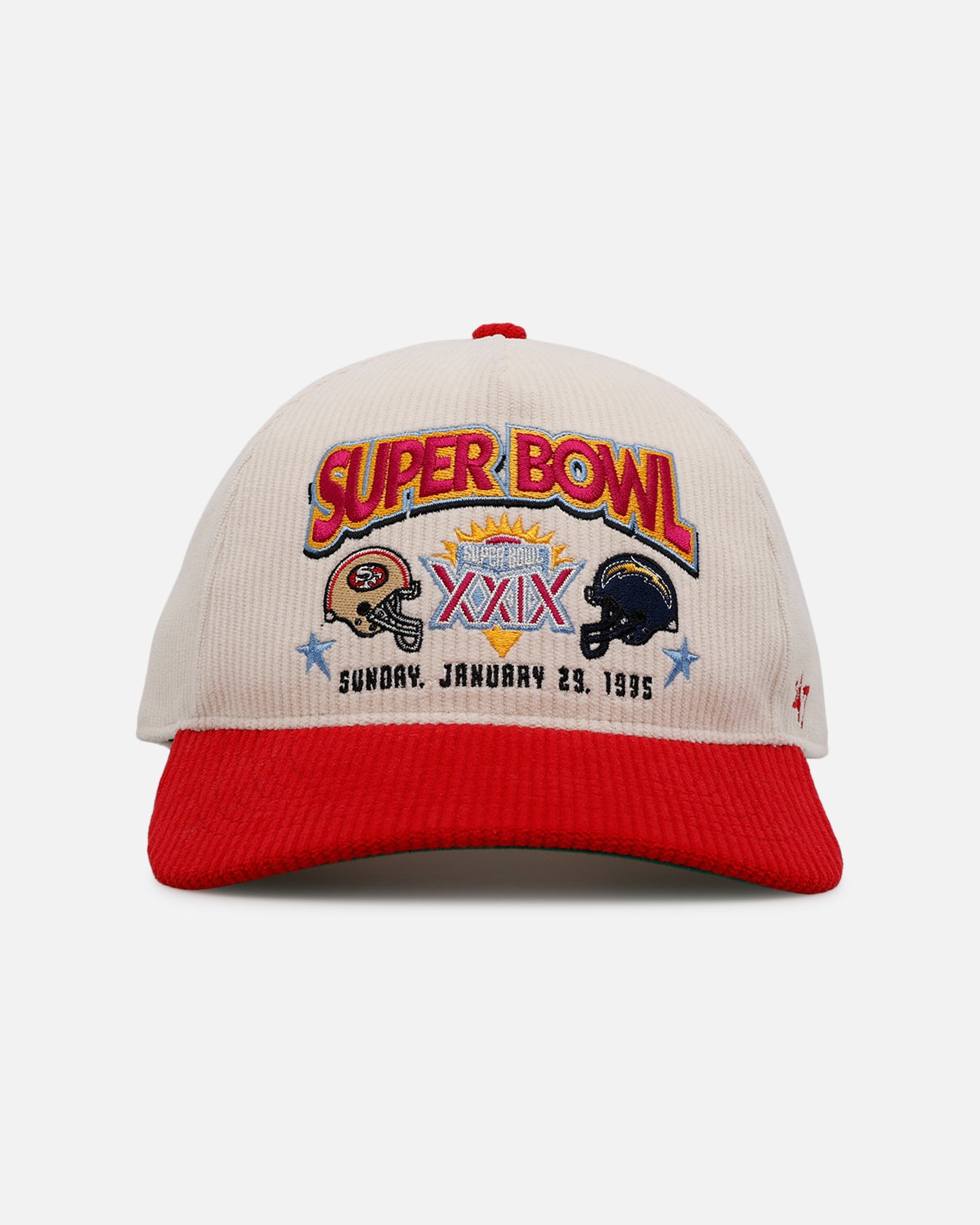 47 Brand Super Bowl XXIX 'Vintage Super Bowl' Snapback Hat - Corduroy Adjustable Cap in Natural/Red - Perfect for Football Fans, Sports Collectors and Retro Fashion Enthusiasts