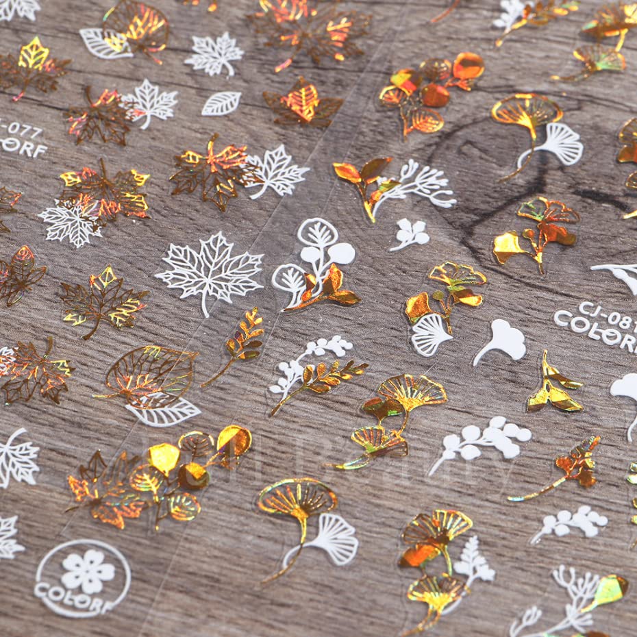 Fall Nail Art Stickers - 9 Sheets Autumn Maple Leaves & Butterfly 3D Nail Decals for Thanksgiving | Gold & White Acrylic Nail Designs | Perfect for Women's Seasonal Nail Art, Holiday Parties & DIY Manicures
