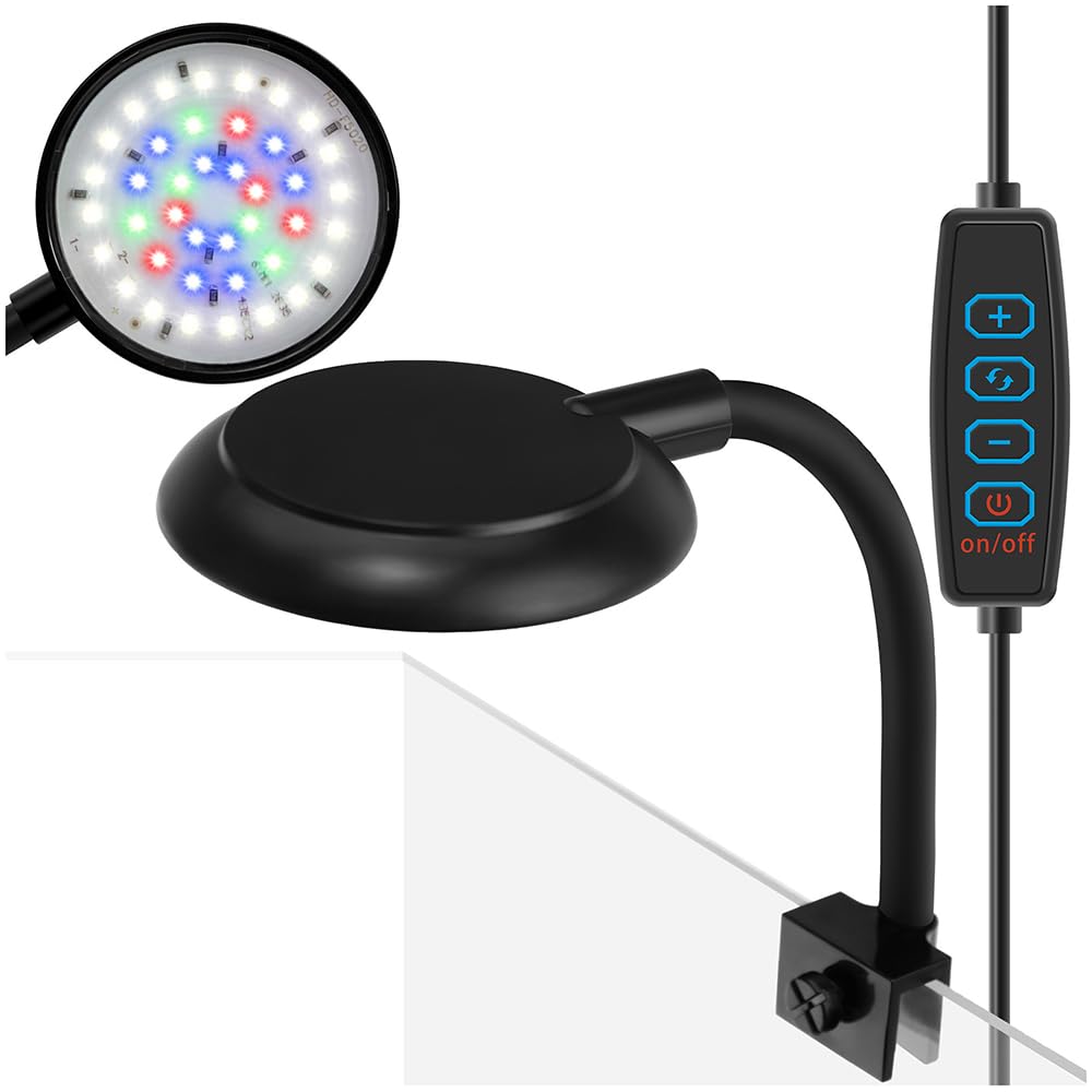 7W Mini Clip-On Aquarium LED Light - Dimmable USB Fish Tank Light with White Red Blue Green LEDs for 1-3 Gallon Tanks | Perfect for Betta Fish, Shrimp & Small Aquariums