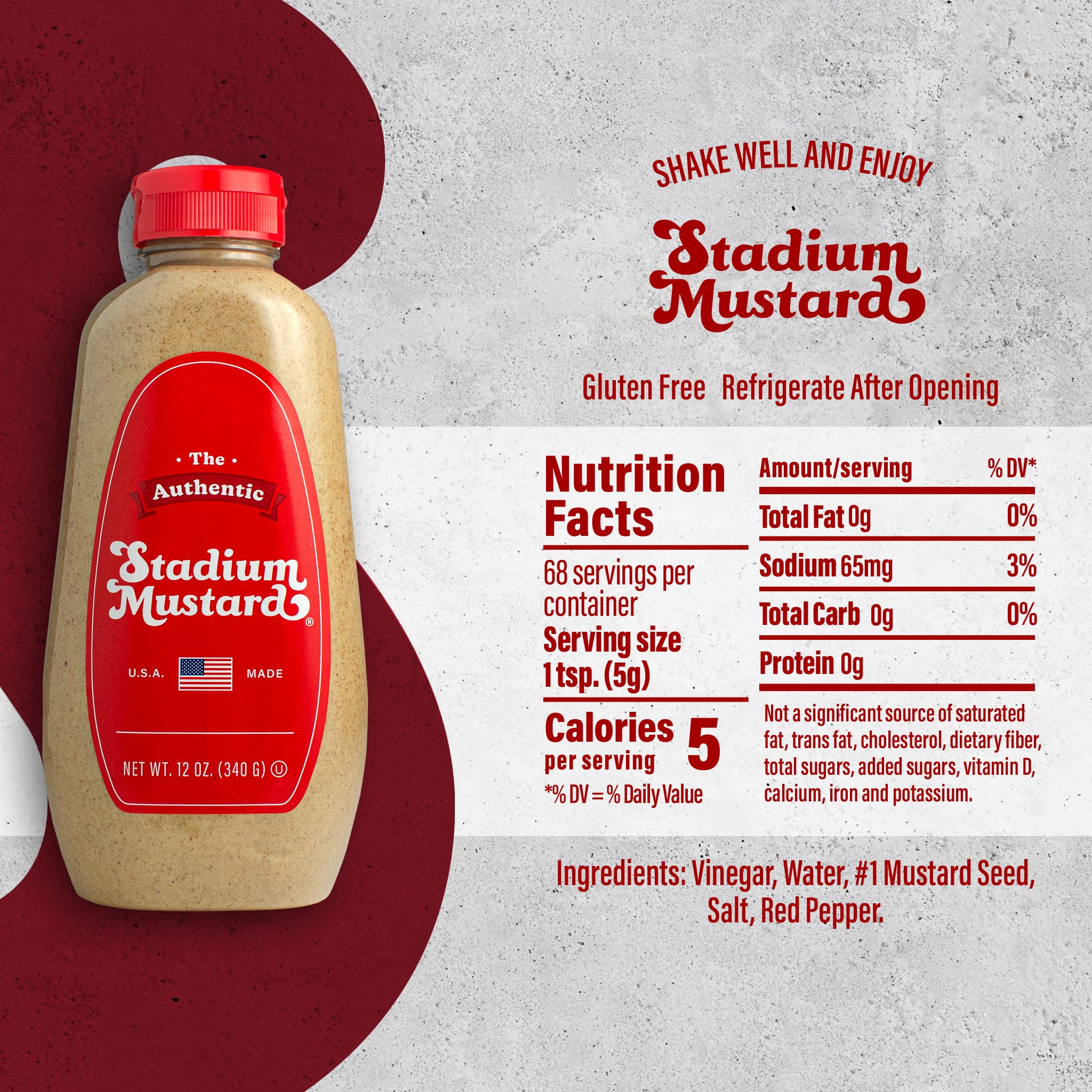 Authentic Stadium Mustard - Classic Hot Dog & Hamburger Condiment | Gluten Free, Sugar Free, Kosher, Fat Free | 12oz Bottle | Perfect for BBQs, Picnics & Game Day Snacks
