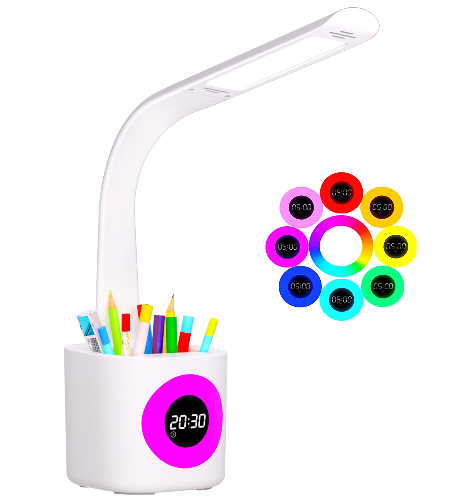 YOUKOYI LED Desk Lamp with Clock - 10W Dimmable Study Light with 4 Modes & 5 Brightness Levels, Color Changing Nightlight & Pen Holder - Perfect for Kids' Study Room, Home Office & Gift Giving