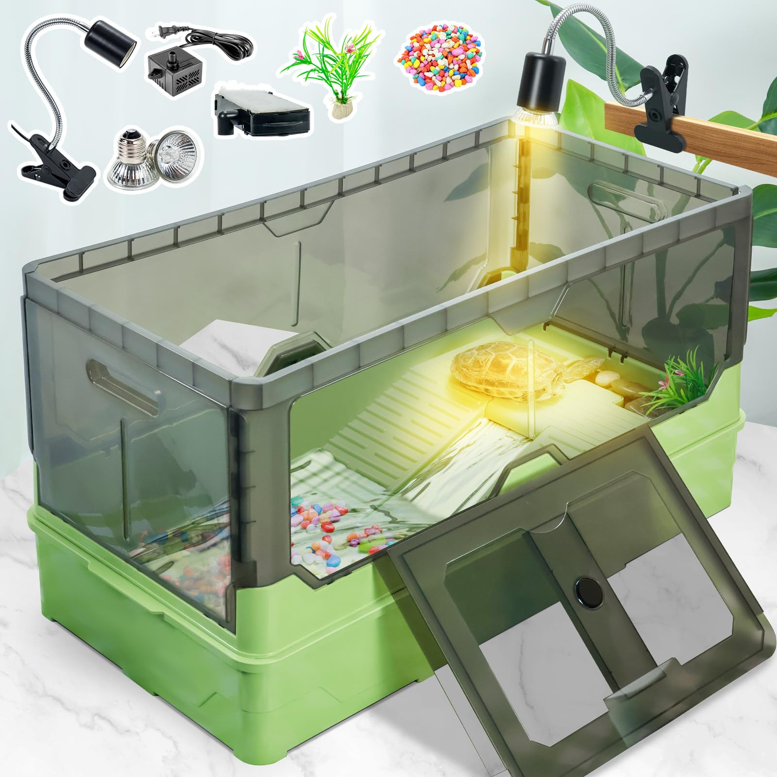 Premium Turtle Tank Kit with Filter, Water Pump & Heat Lamp - Easy to Move with Wheels, Natural Flow Design for Small Turtles, Horned Frogs & Hermit Crabs (XL Size, Green) - Perfect for Home, Office or Classroom Reptile Habitats