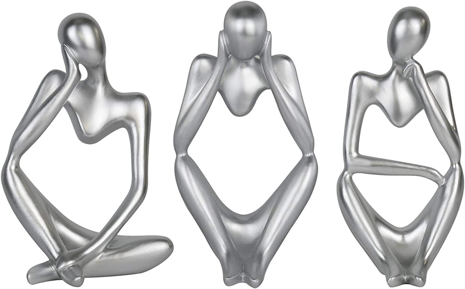 3PCS Silver Thinker Statue Resin Abstract Sculpture - Thinker Man Statue Collectible Figurines for Home Office Decor, Bookshelf Display, Tabletop Art, Meditation Room & Gift Idea
