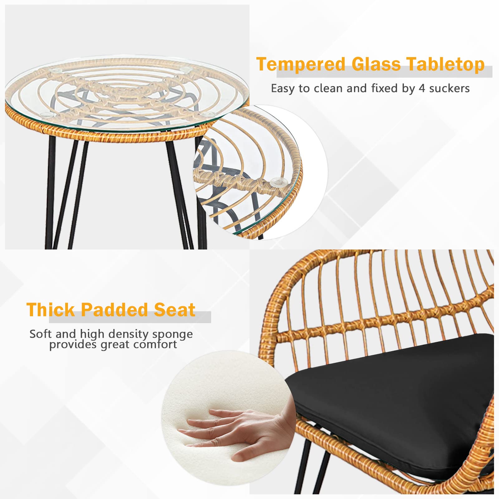 **HAPPYGRILL 3-Piece Rattan Bistro Set with Steel Frame, Round Coffee Table & Soft Cushions - Outdoor Patio Furniture for Garden, Balcony, or Poolside Relaxation**