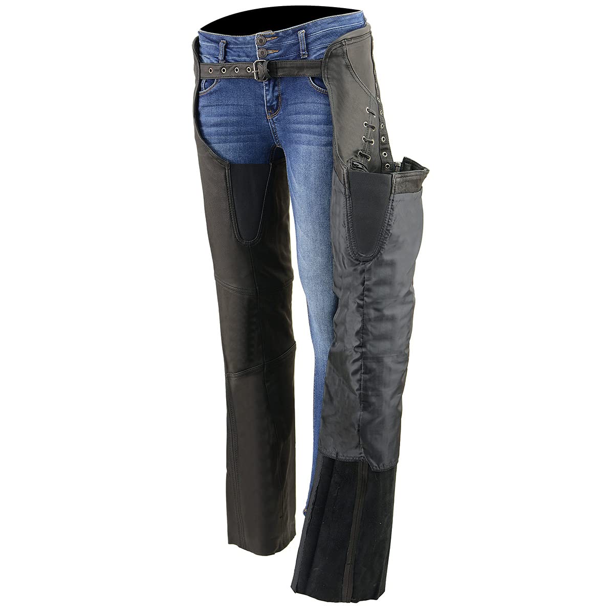 Premium Black Goat Skin Leather Motorcycle Chaps for Women - Lightweight, Durable & Stylish with Accent Lacing | Perfect for Riding, Biker Events & Outdoor Adventures - MLL6535