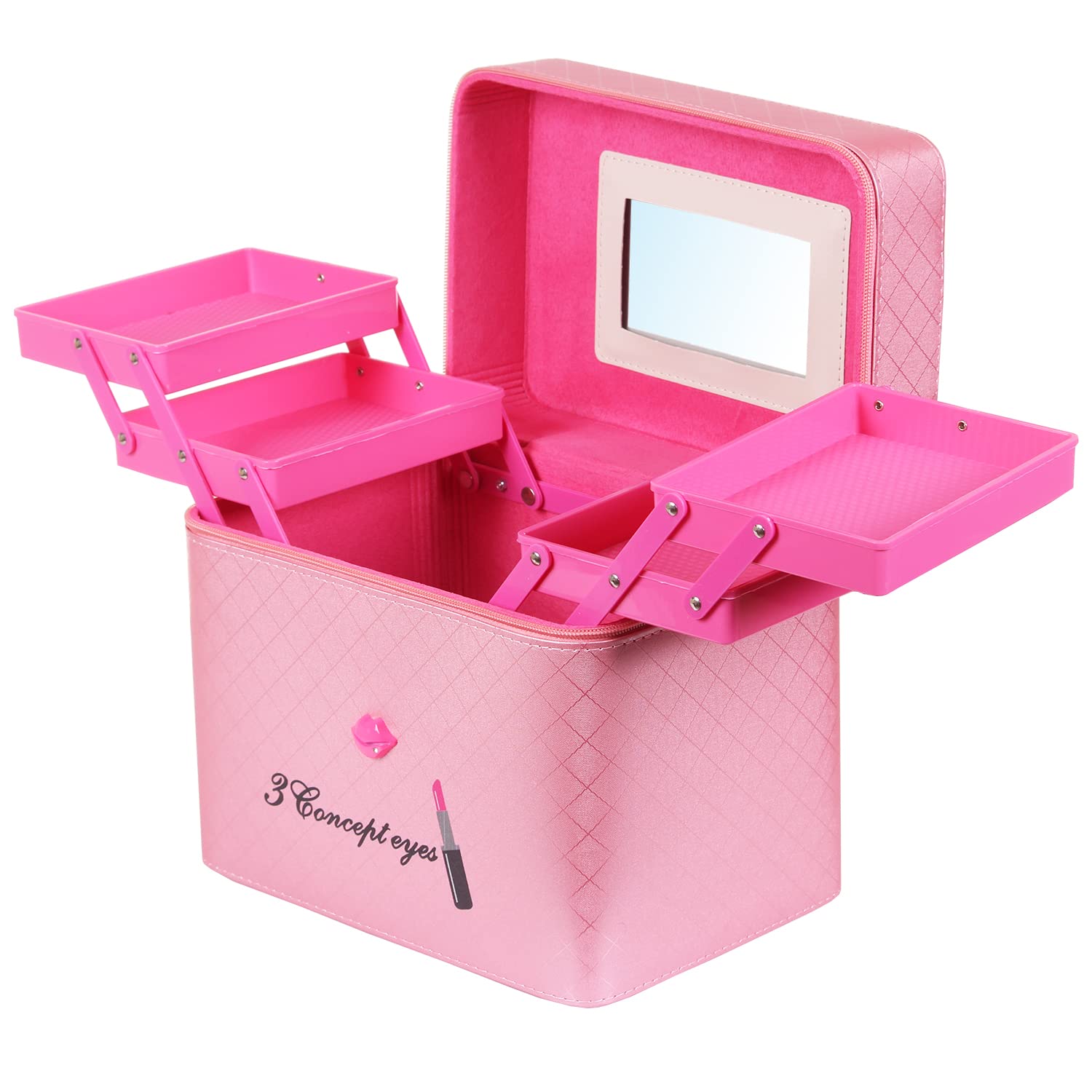 RONTENO 18cm Makeup Vanity Box with Mirror - Pink Cosmetic Travel Bag for Women | Home & Travel Use