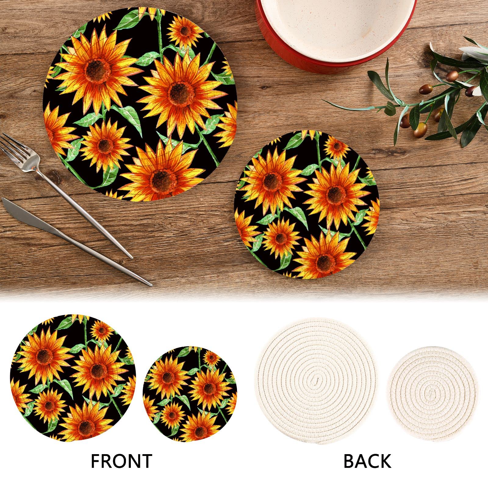Floral Sunflower Trivets Set of 2 - Heat Resistant Hot Pads for Kitchen Pots & Pans - Perfect for Dining & Countertop Decor