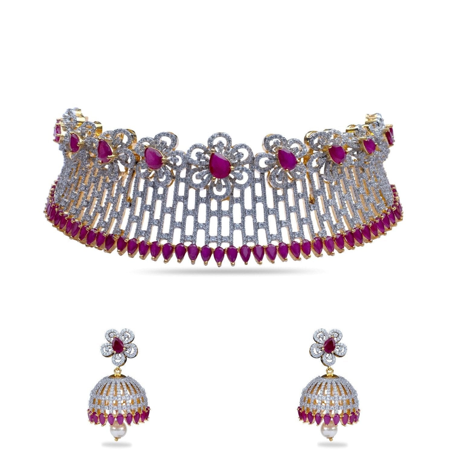 Elegant Lilac Floral Red Nakshatra CZ Choker Necklace Set | Cubic Zirconia Bridal Jewelry for Women | Perfect for Weddings, Parties & Special Occasions