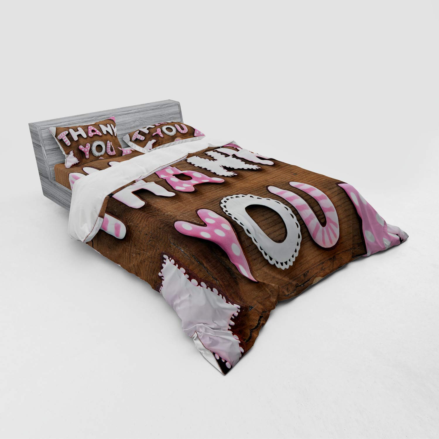 Ambesonne Thank You Bedding Set - Romantic Cookie Letters Sugar Candy Design on Rustic Wood Table, 4-Piece Duvet Cover Set with Shams & Fitted Sheet, Queen Size, White Brown & Pink - Perfect for Guest Rooms, Romantic Bedrooms & Cozy Home Decor