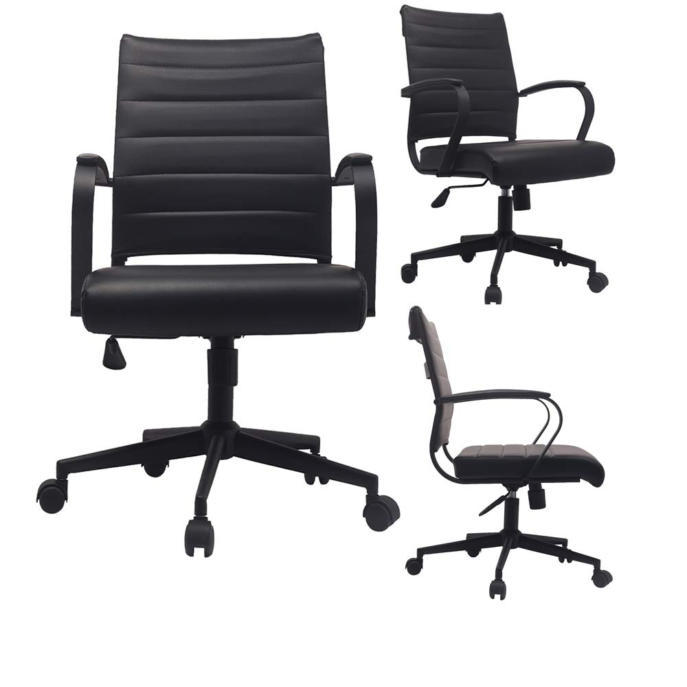 2xhome - Modern Black PU Leather Mid Back Swivel Tilt Adjustable Office Chair - Executive Manager Desk Chair with Ribbed Design for Conference Room, Home Office & Computer Work (All Black) - Ergonomic Support for Long Work Hours