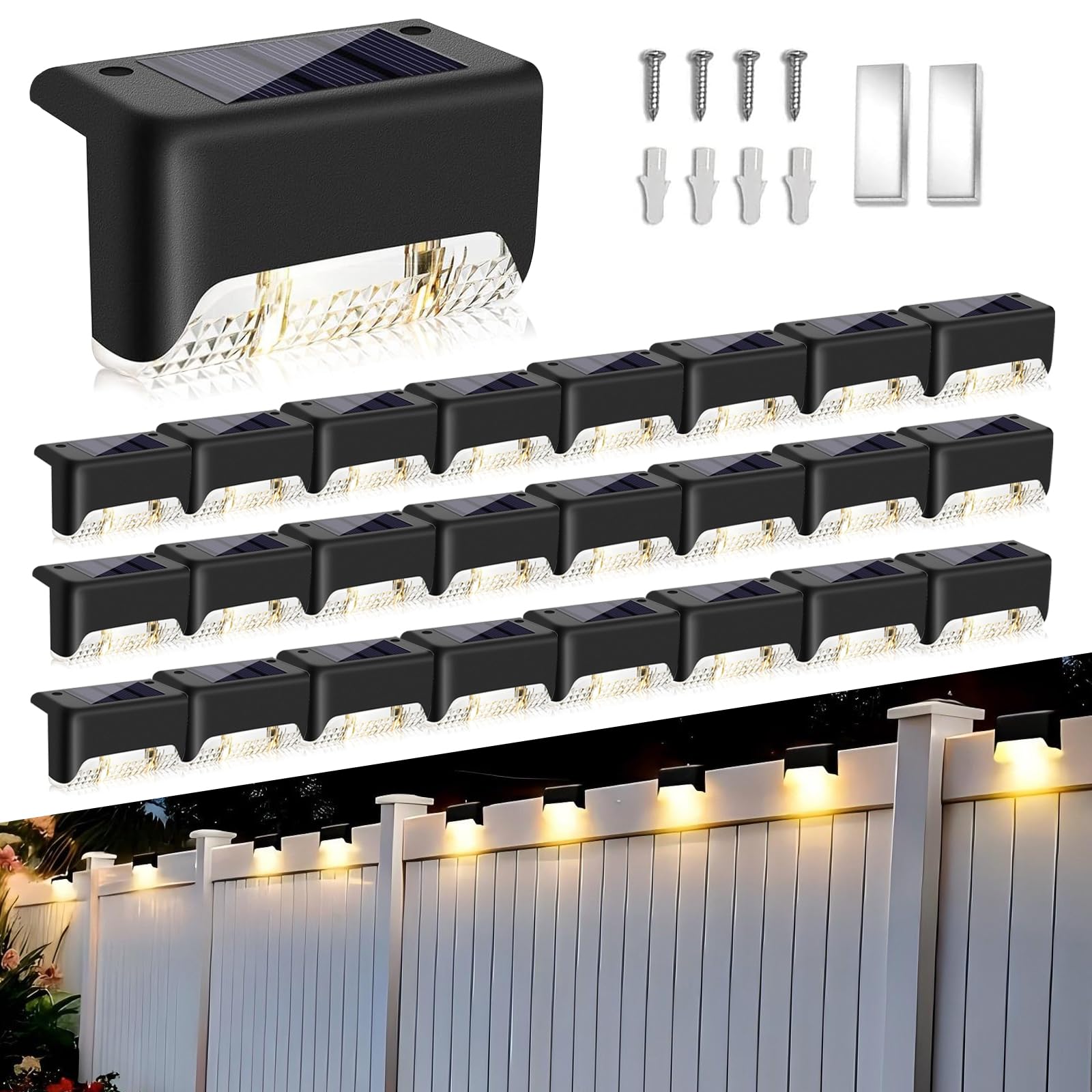 24 Pack Outdoor Solar Deck Lights - Waterproof Solar Step Lights for Stairs, Railings, Walls, Patio & Driveway | Energy-Efficient Solar Pathway Lighting for Gardens, Walkways & Outdoor Decor