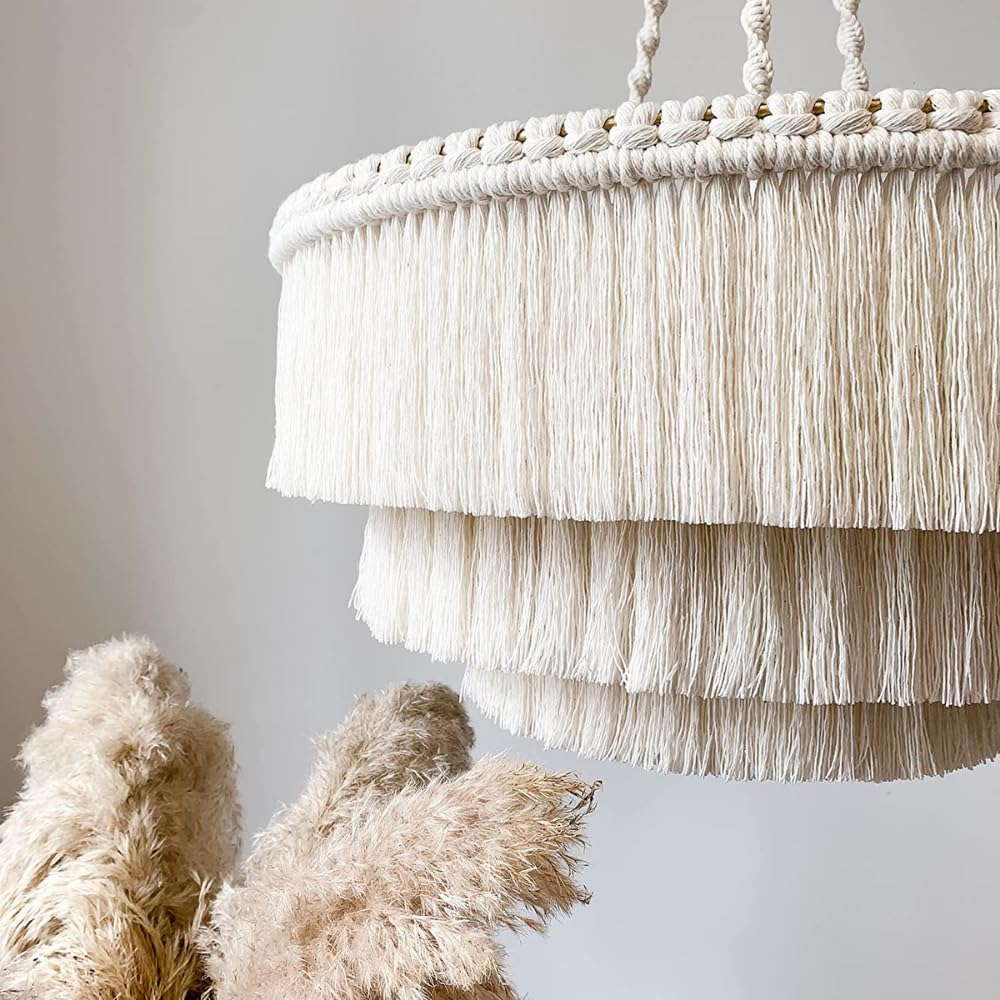 Bohemian Tassel Pendant Light - Handmade Boho Chandelier with Cotton Fringes, 23 Inch 3-Light Ceiling Fixture for Living Room, Bedroom & Dining Room Decor