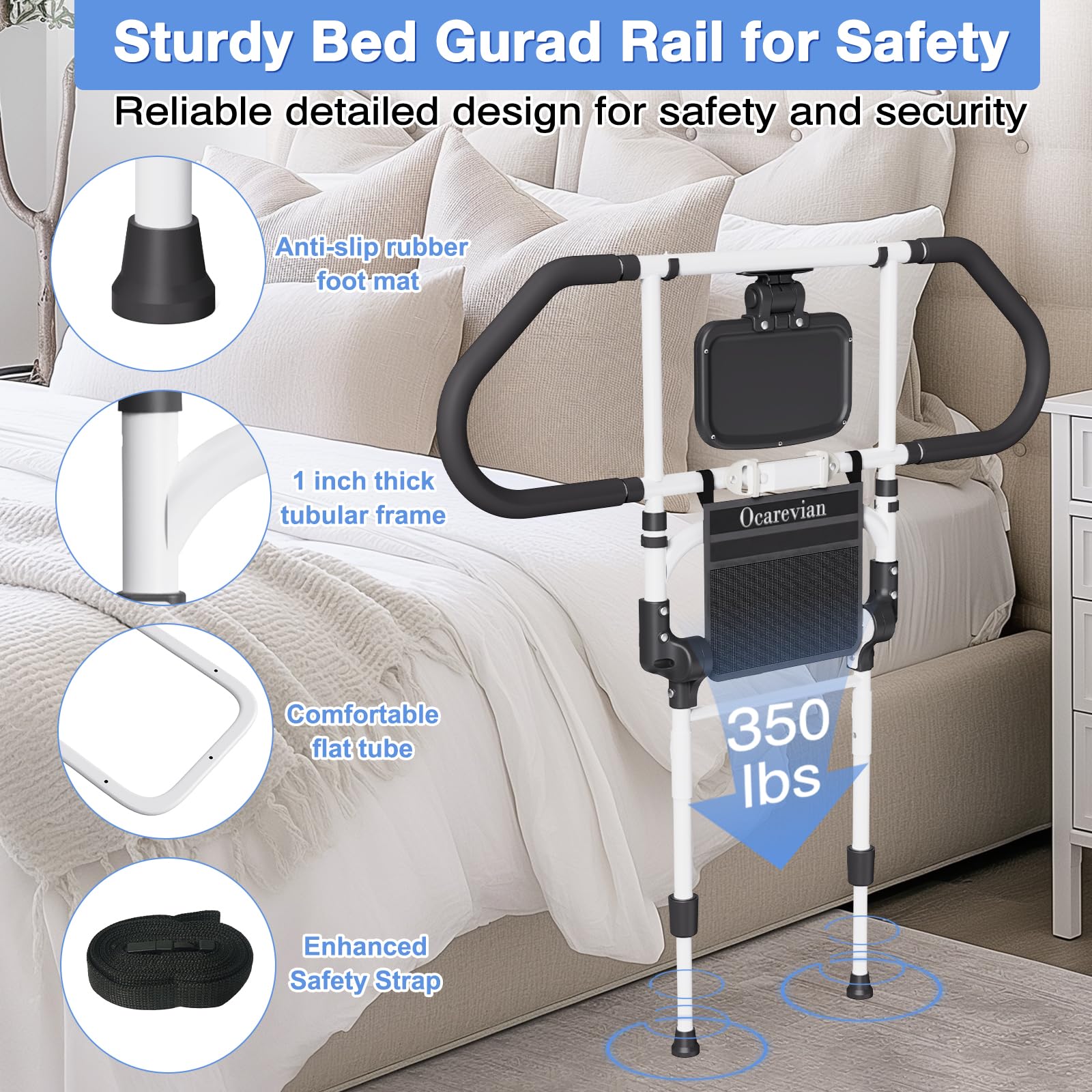 Adjustable Bed Rails for Elderly Adults - Safety Bed Assist Rails with Sensor Light & Storage Pocket - Foldable Bedside Support for Twin/Full/Queen/King Mattresses - Ideal for Seniors, Post-Surgery Recovery, and Home Care Use