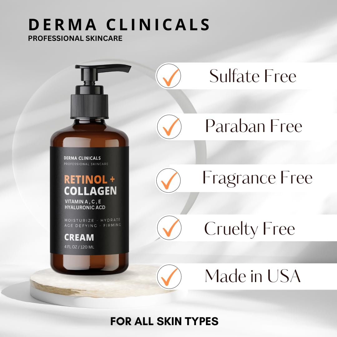 Retinol + Collagen Anti-Aging Face Cream with Hyaluronic Acid & Vitamin C - Day & Night Moisturizer for Wrinkles & Firming - 4oz - Perfect for Daily Skincare Routine & Anti-Wrinkle Treatment