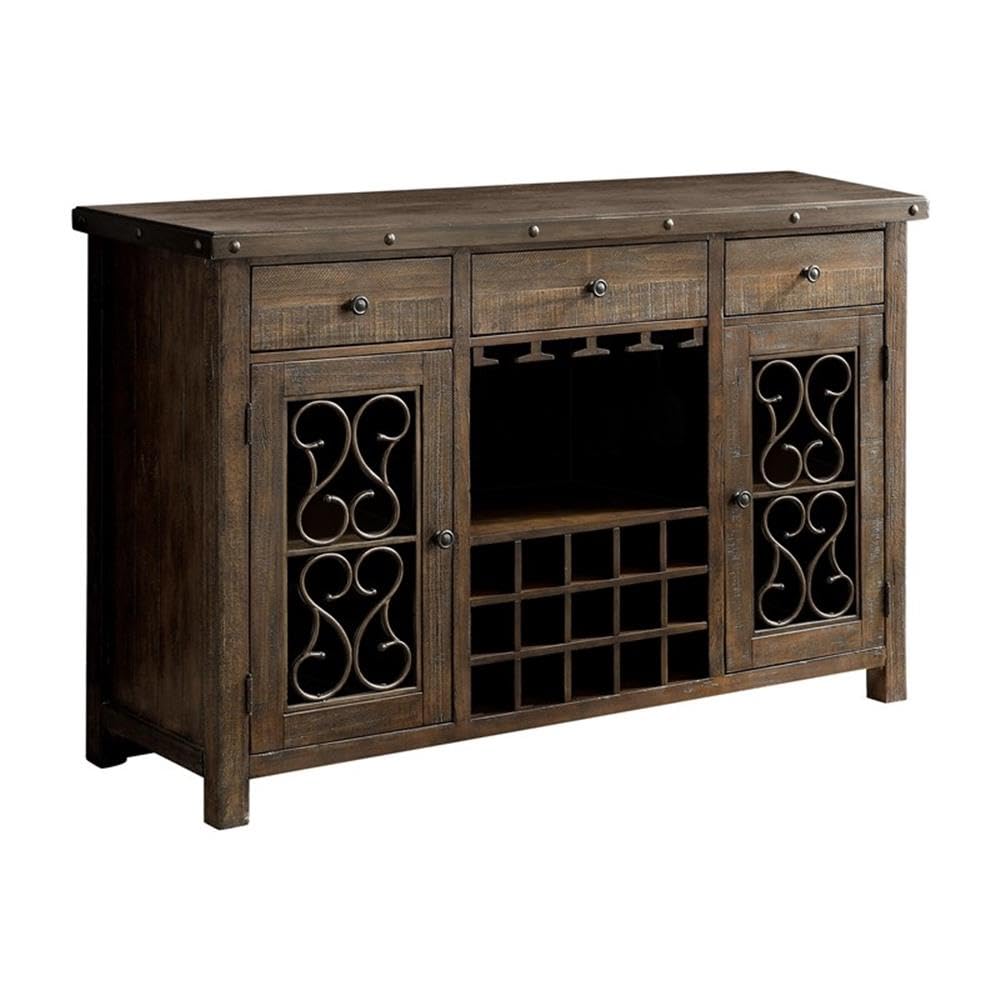 Furniture of America Arlyne Wood Wine Storage Buffet Server in Rustic Walnut - Stylish Sideboard for Dining Room, Living Room & Kitchen Organization