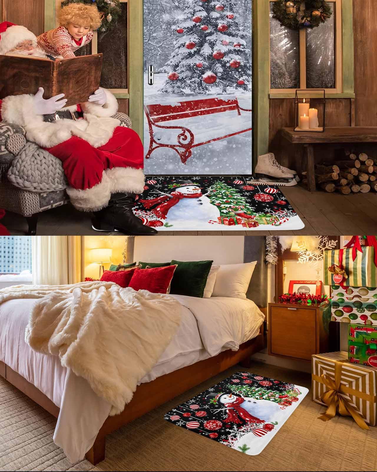 Christmas Snowman Red Balls Kitchen Mat Set of 2 - Cushioned Anti-Fatigue Floor Mats, Waterproof Non-Slip Kitchen Rugs with Black Snowflake Xmas Tree Design - Perfect for Kitchen, Laundry Room & Holiday Decor