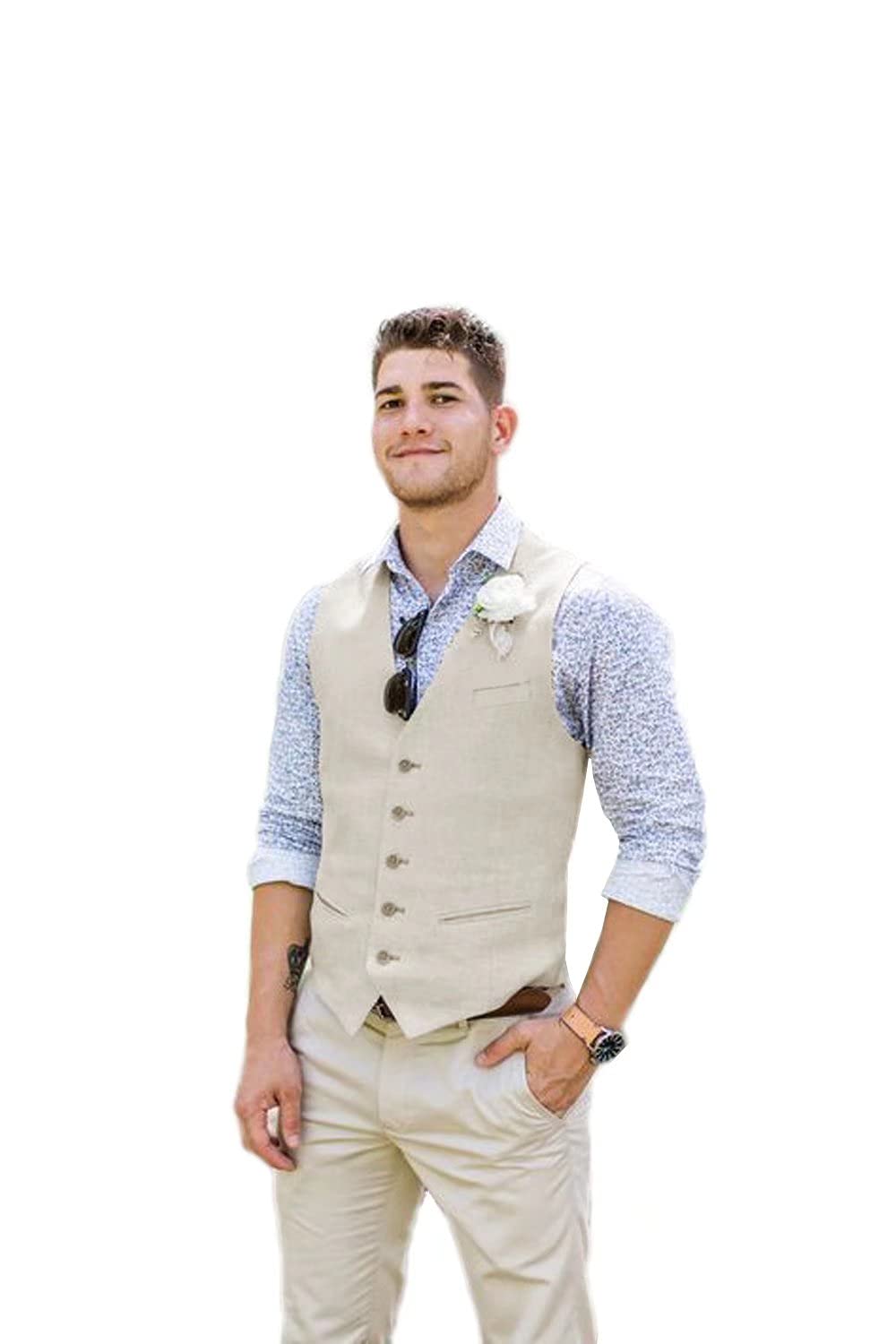 Men's Linen Suit Vest Beige - Summer Casual Waistcoat for Beach Weddings, Groomsmen & Formal Events | Breathable Lightweight Dress Vest for Outdoor Ceremonies