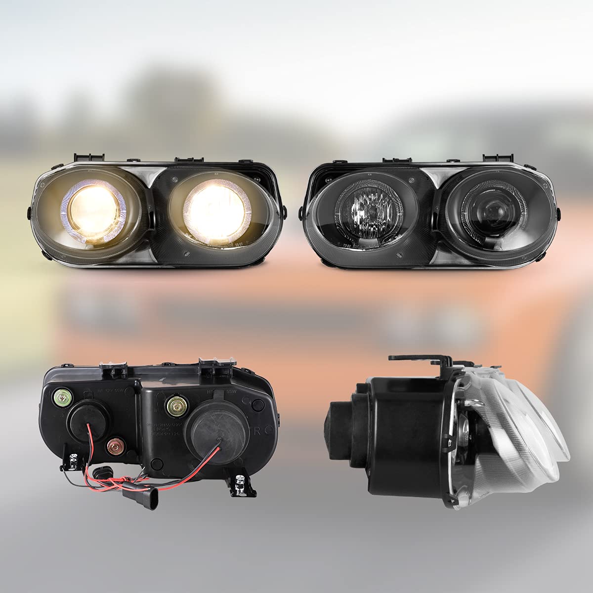 ROXX Halo Projector Headlights for 1998-2001 Acura Integra - Dual Beam LED Headlight Assembly with Clear Lens (Black+Clear) - Driver & Passenger Side - Perfect for Night Driving & Car Upgrades