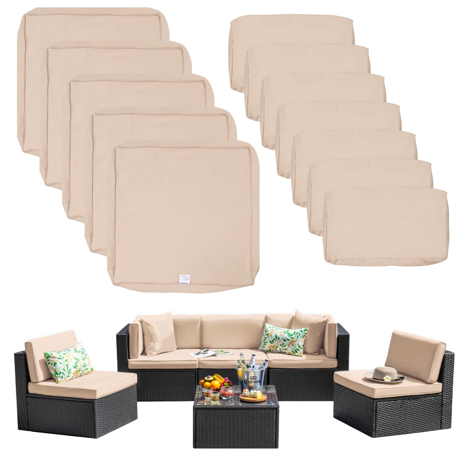 12-Pack Outdoor Seat & Back Cushion Covers - Light Khaki Replacement Covers for 6-Piece 5-Seater Wicker Rattan Patio Furniture Set, Sectional Sofa & Chairs (Covers Only) - Perfect for Backyard, Poolside & Garden Conversation Areas