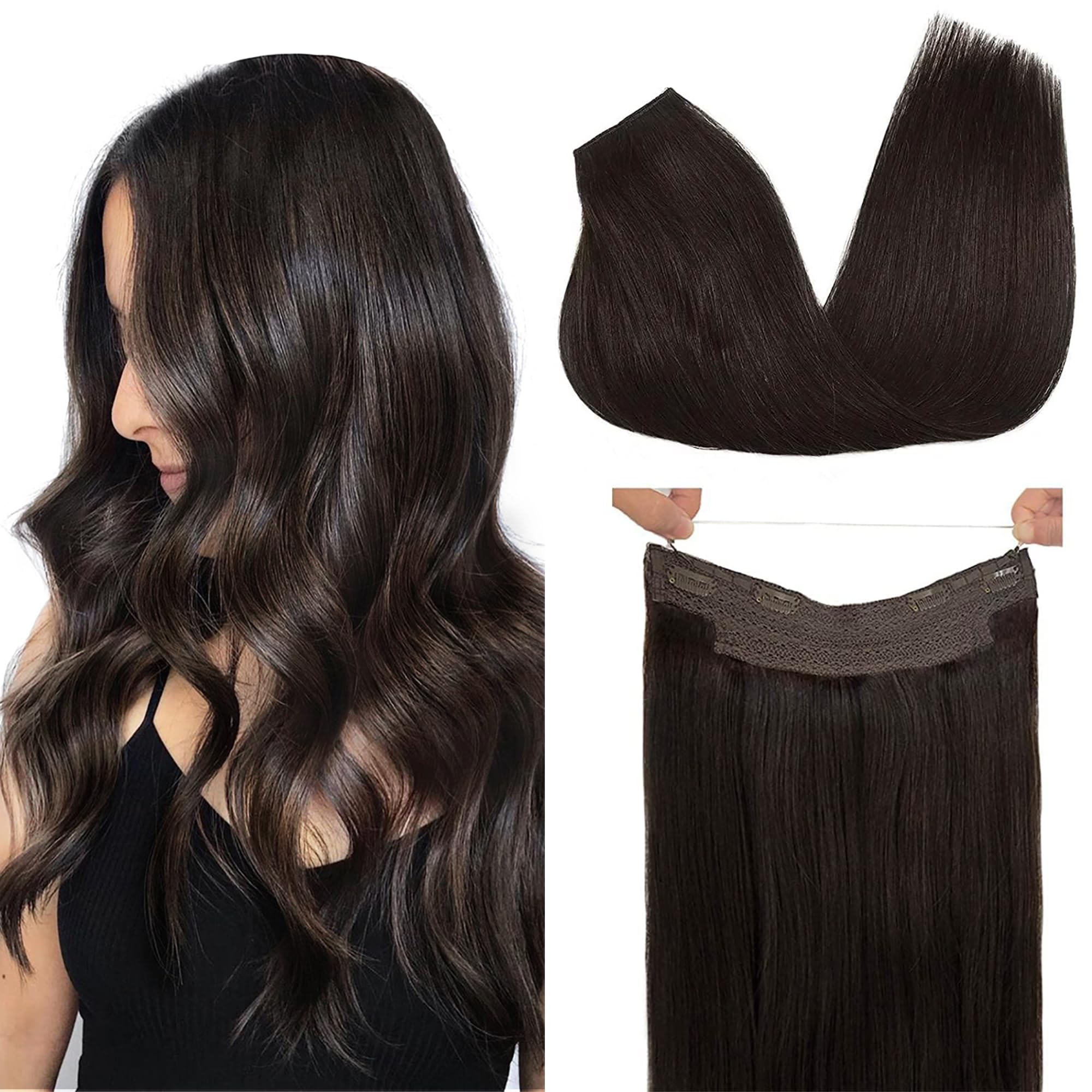 GOO GOO Human Hair Extensions 20 Inch Dark Brown - 110g Invisible Wire Hair Extensions with Transparent Seamless Fish Line for Natural Look | Perfect for Weddings, Parties & Everyday Styling