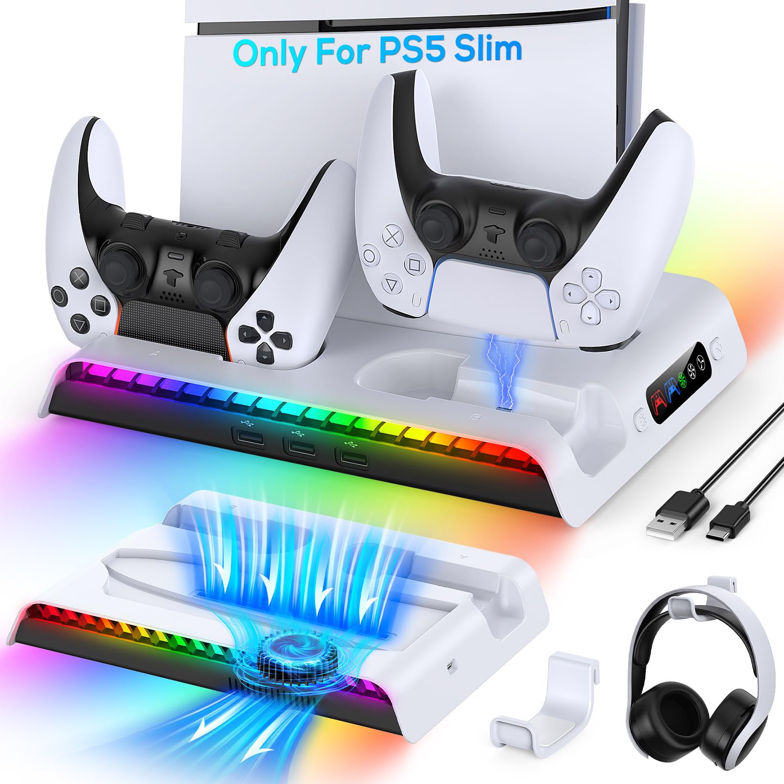 RGB Cooling Stand for PS5 Slim Console - 3-Speed Cooling Fan & Dual Controller Charging Dock with 9 RGB Lights - Playstation 5 Slim Digital/Disc Accessories - Perfect for Gaming Sessions & Entertainment Setups