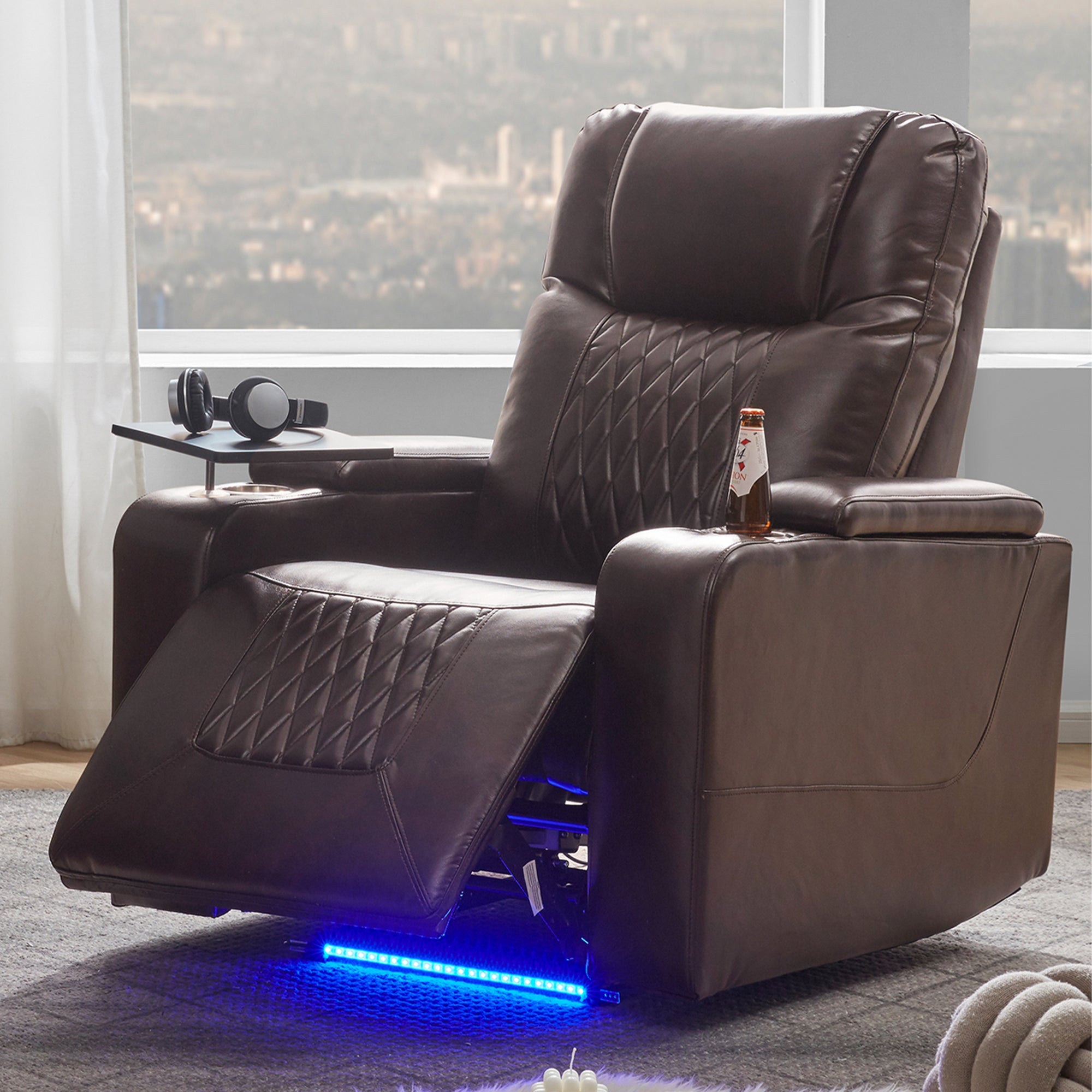 Electric Power Lift Recliner Chair with USB Charging Port, Hidden Arm Storage & 360° Swivel Tray - Brown Leather Massage Chair for Living Room, Home Theater & Elderly Care