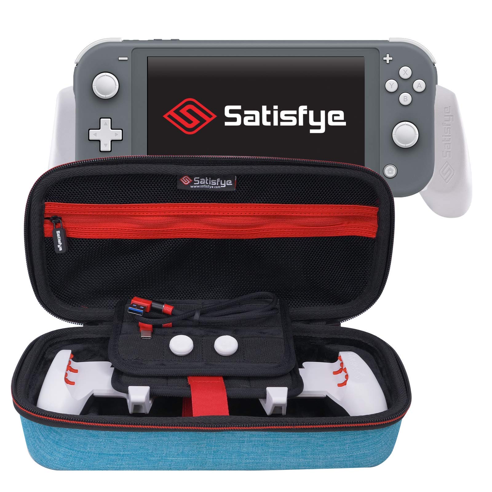 Satisfye ZenGrip Go Elite Bundle for Nintendo Switch Lite - Protective Grip Case with Low Profile USB-C Cable & Bonus Turquoise Thumbsticks (2 Pack) - Perfect for Portable Gaming, Travel & On-the-Go Play