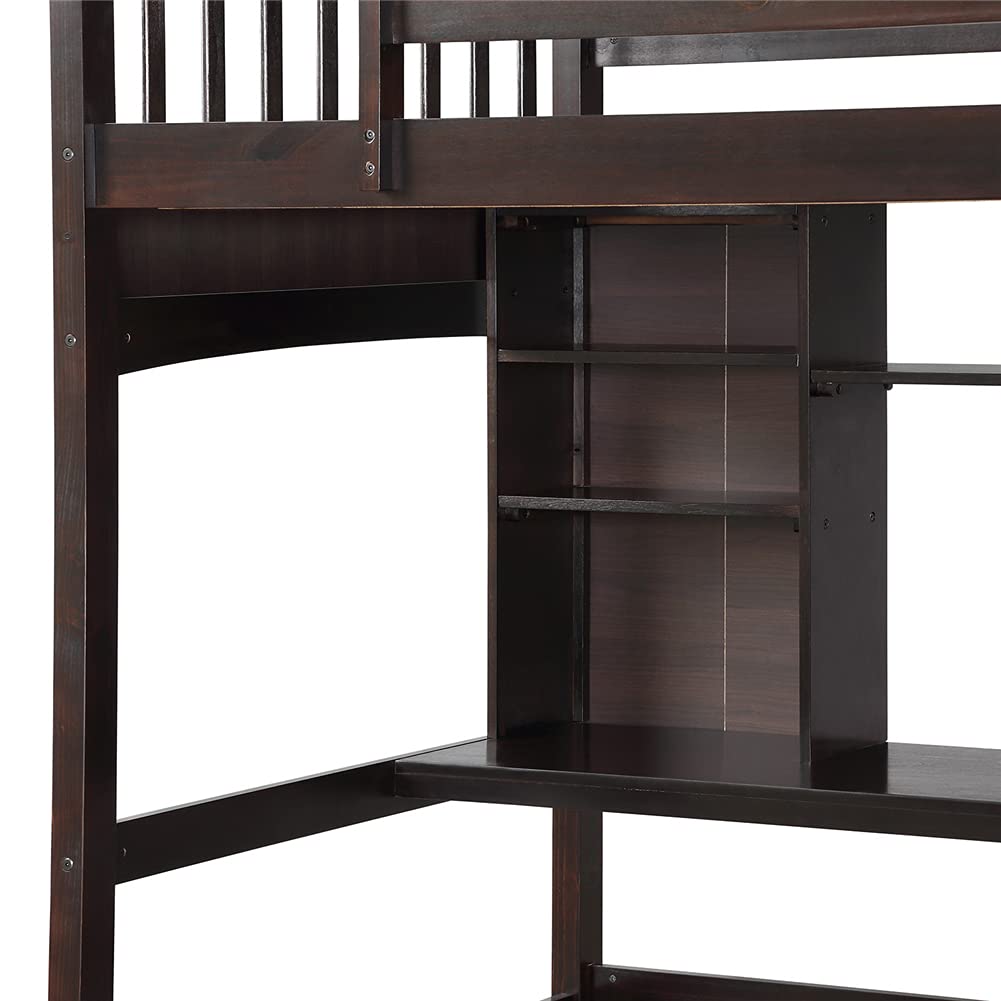 Twin Size Loft Bed with Desk & Storage - Pinewood Bed Frame with Removable Ladder & Guardrails - Space Saving Furniture for Small Bedroom, Dorm Room or Kids Room (Espresso Finish)